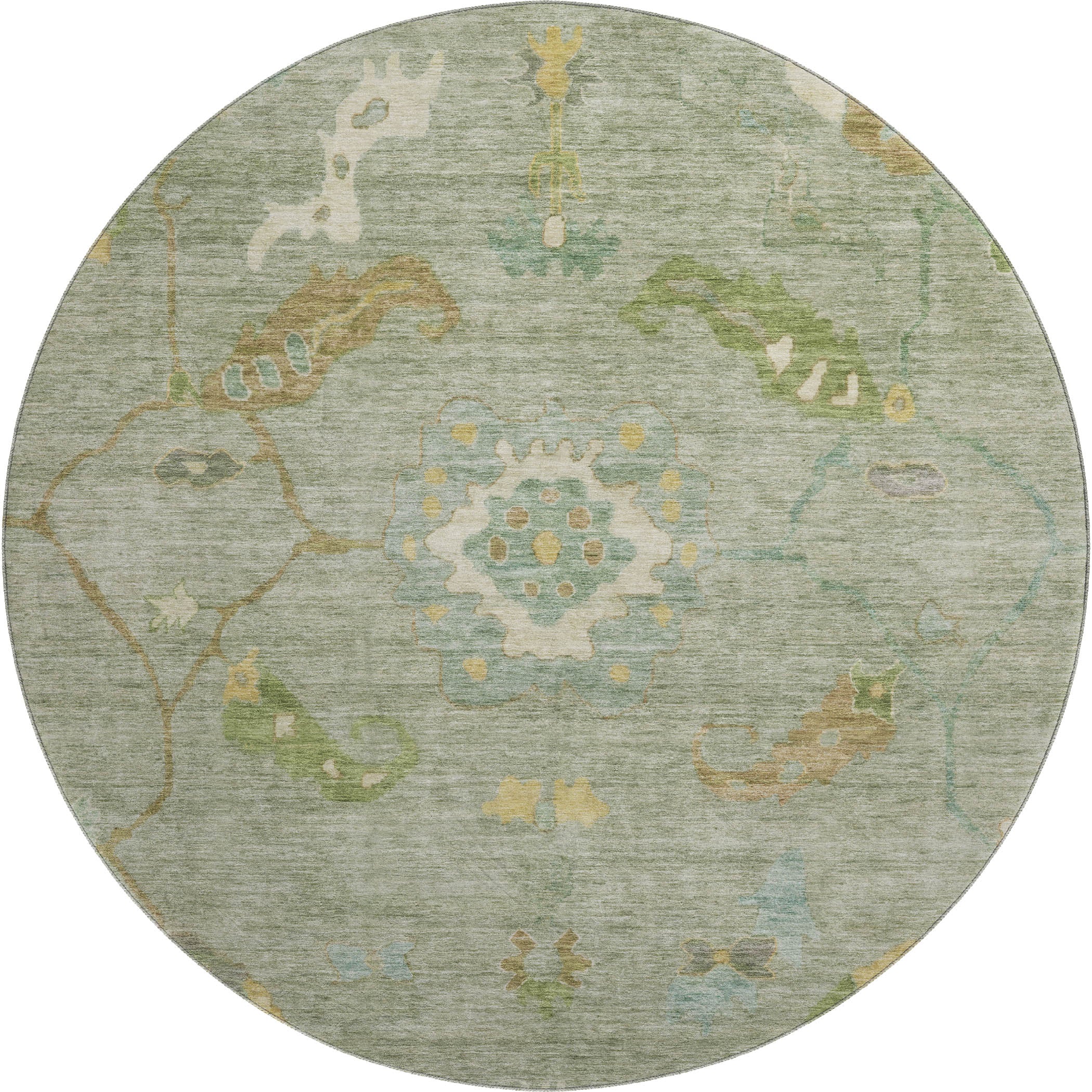 Bern Machine Washable Traditional Sage Green Rug 8' x 8' #shape_Round