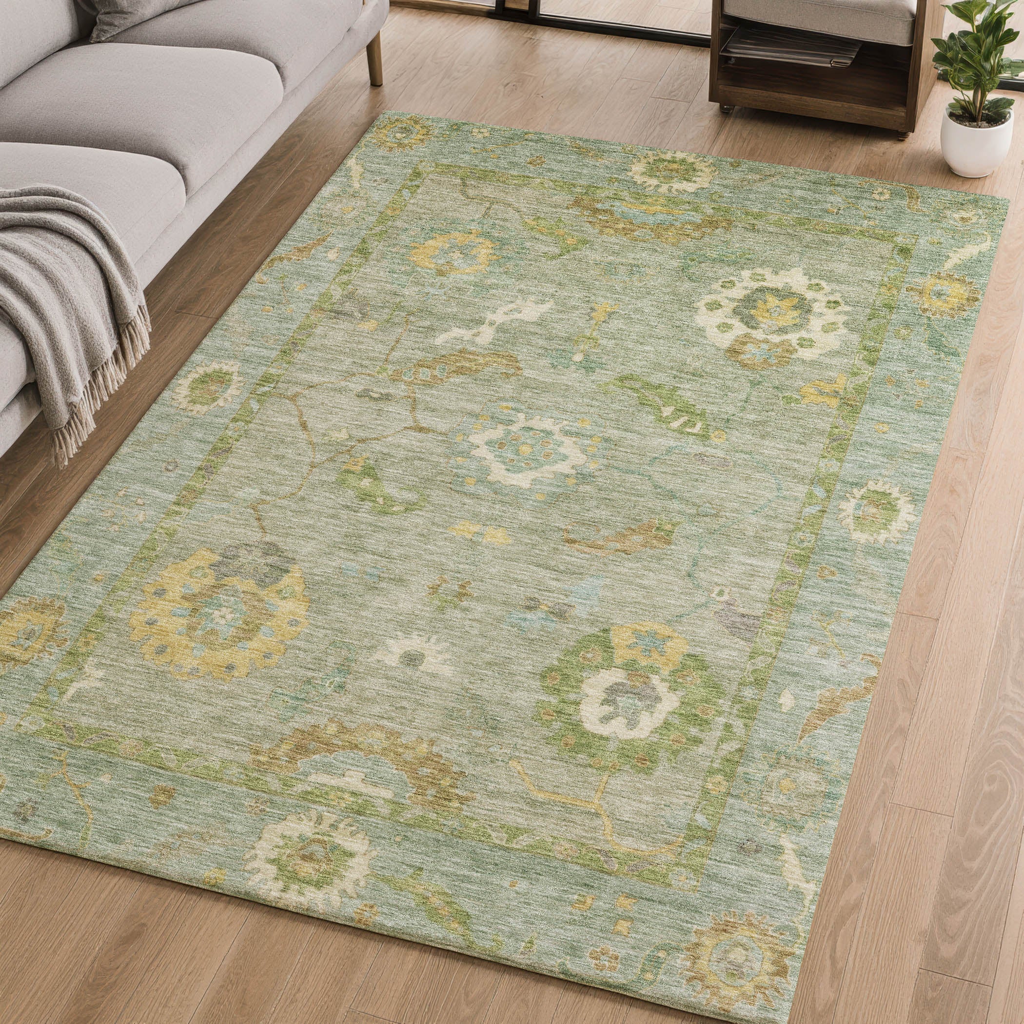 Bern Machine Washable Traditional Sage Green Rug 2'6" x 3'10" #shape_Rectangle
