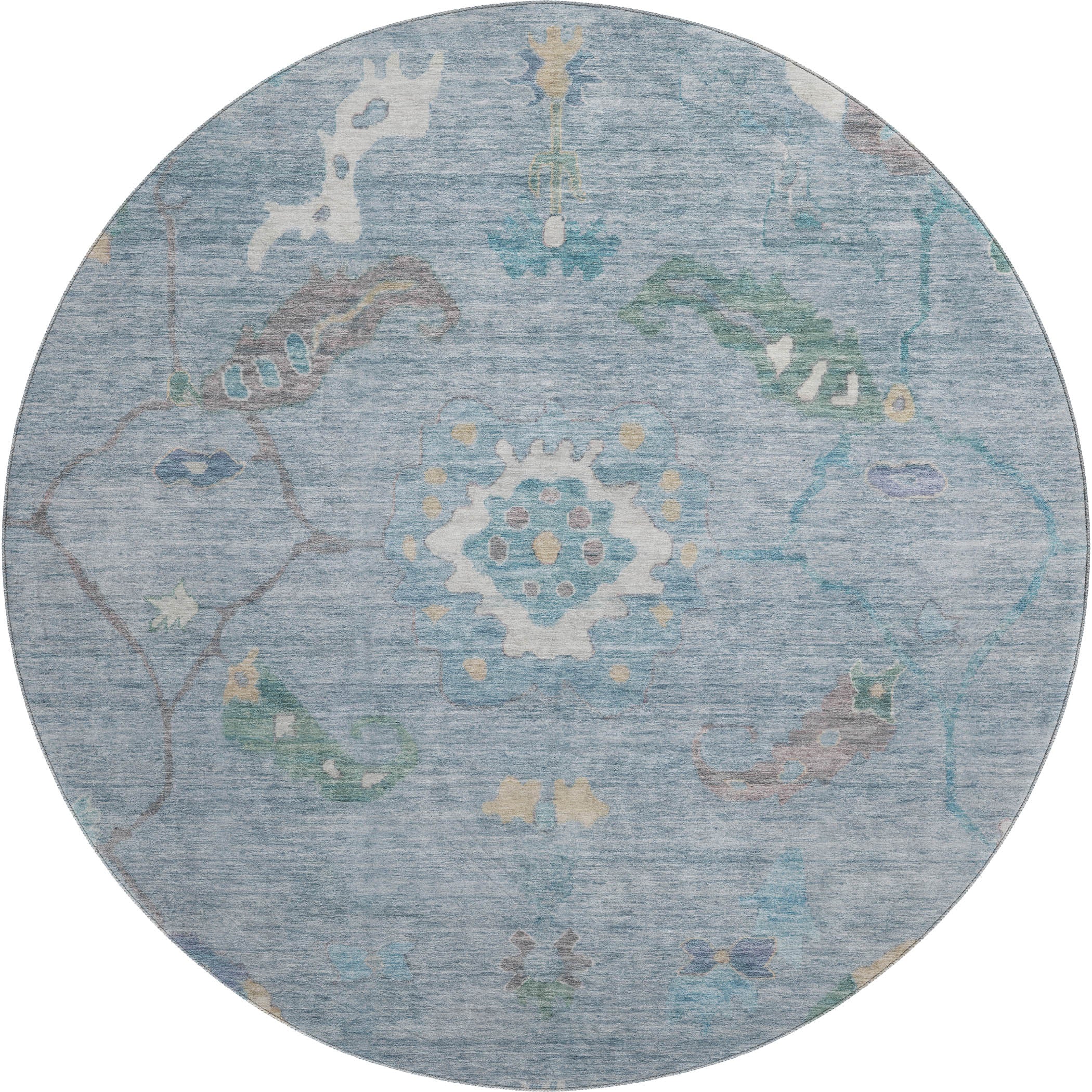 Bern Machine Washable Traditional Sky Blue Rug 8' x 8' #shape_Round