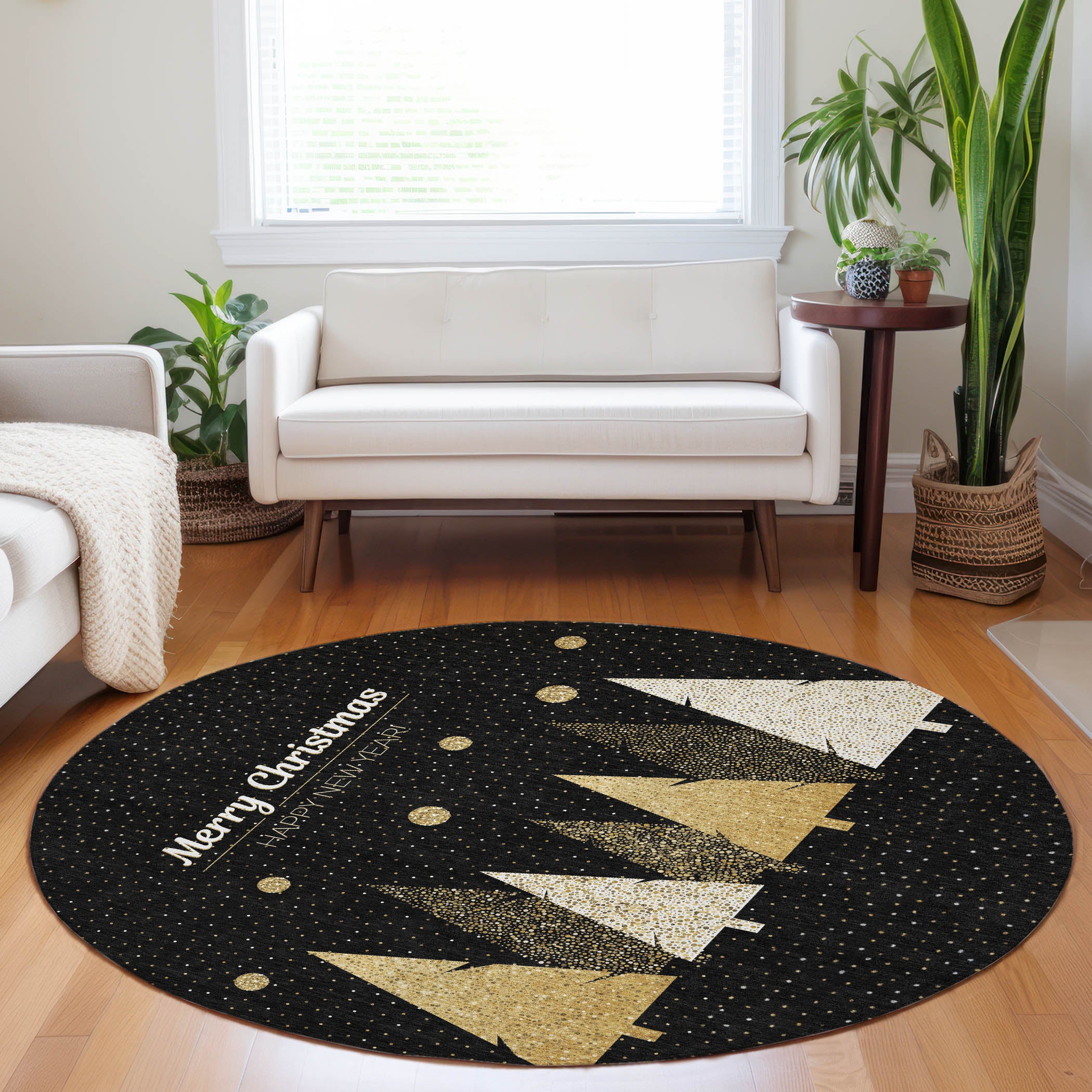 Bern Machine Washable Holiday Midnight Black Rug 8' x 8' #shape_Round