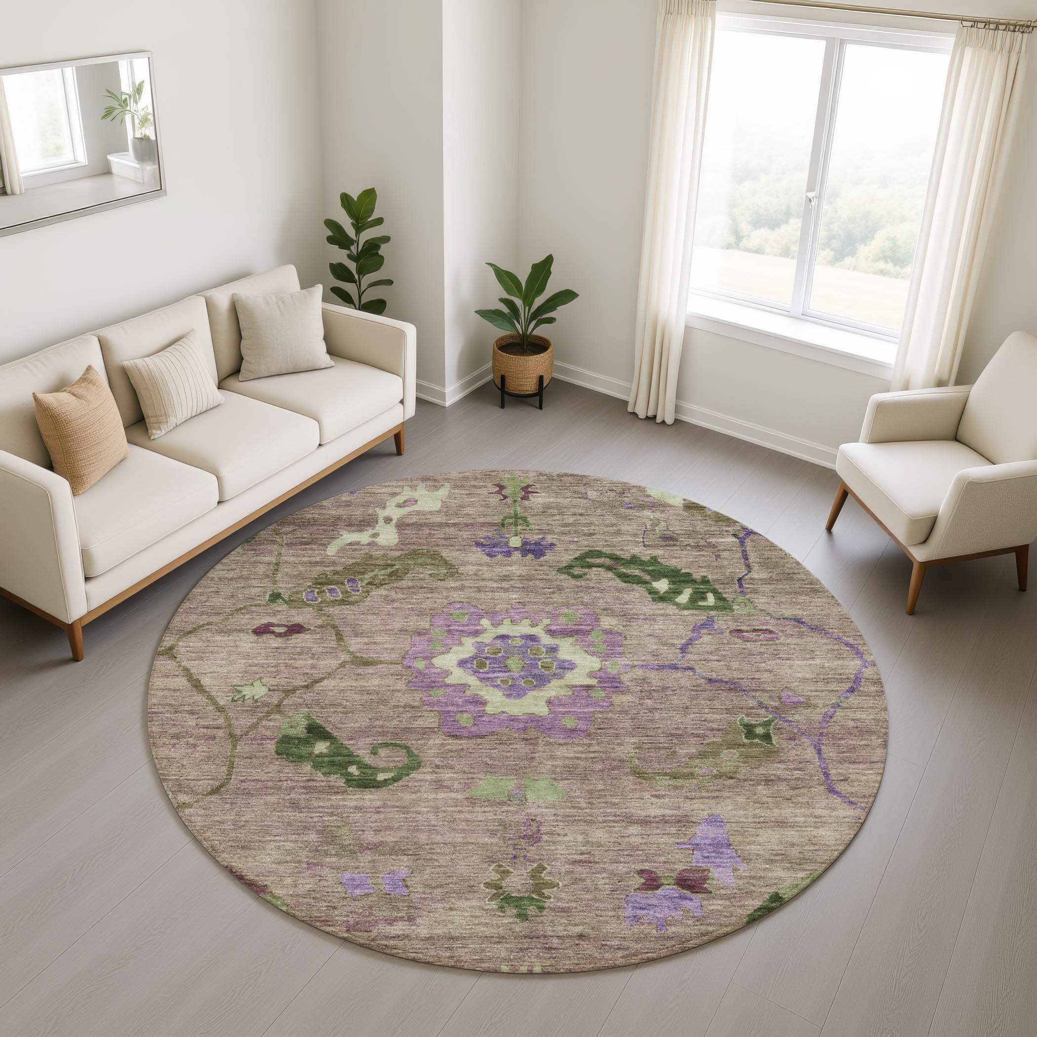 Kathmandu Machine Washable Traditional Brown Rug 8' x 8' #shape_Round