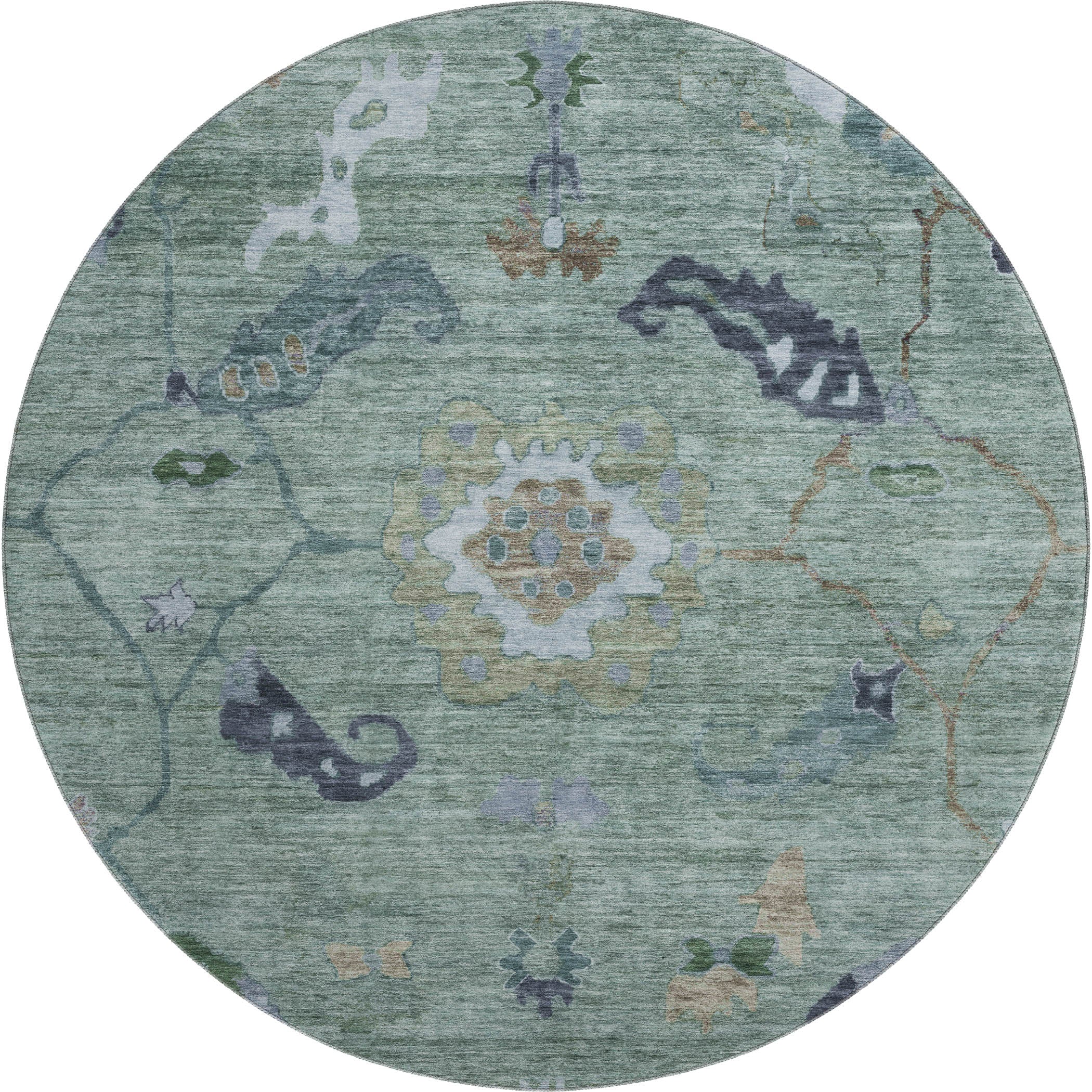Kathmandu Machine Washable Traditional Green Rug 8' x 8' #shape_Round