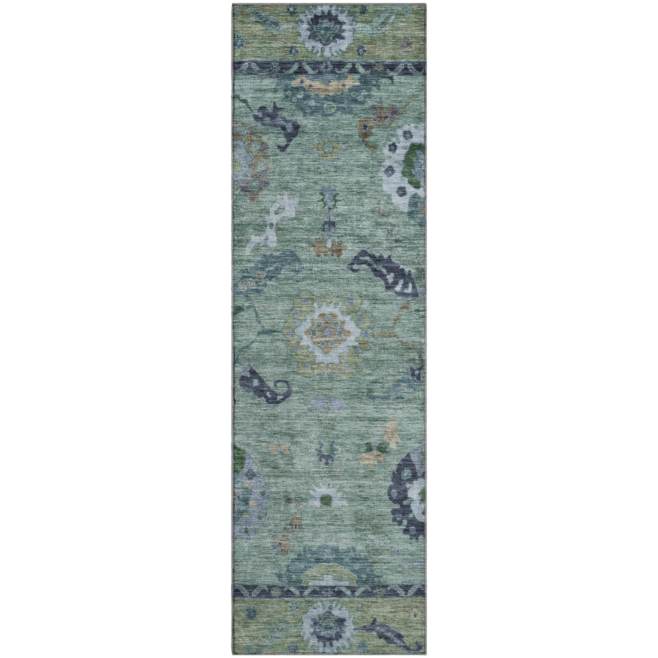 Kathmandu Machine Washable Traditional Green Rug 2'3" x 7'6" #shape_Runner