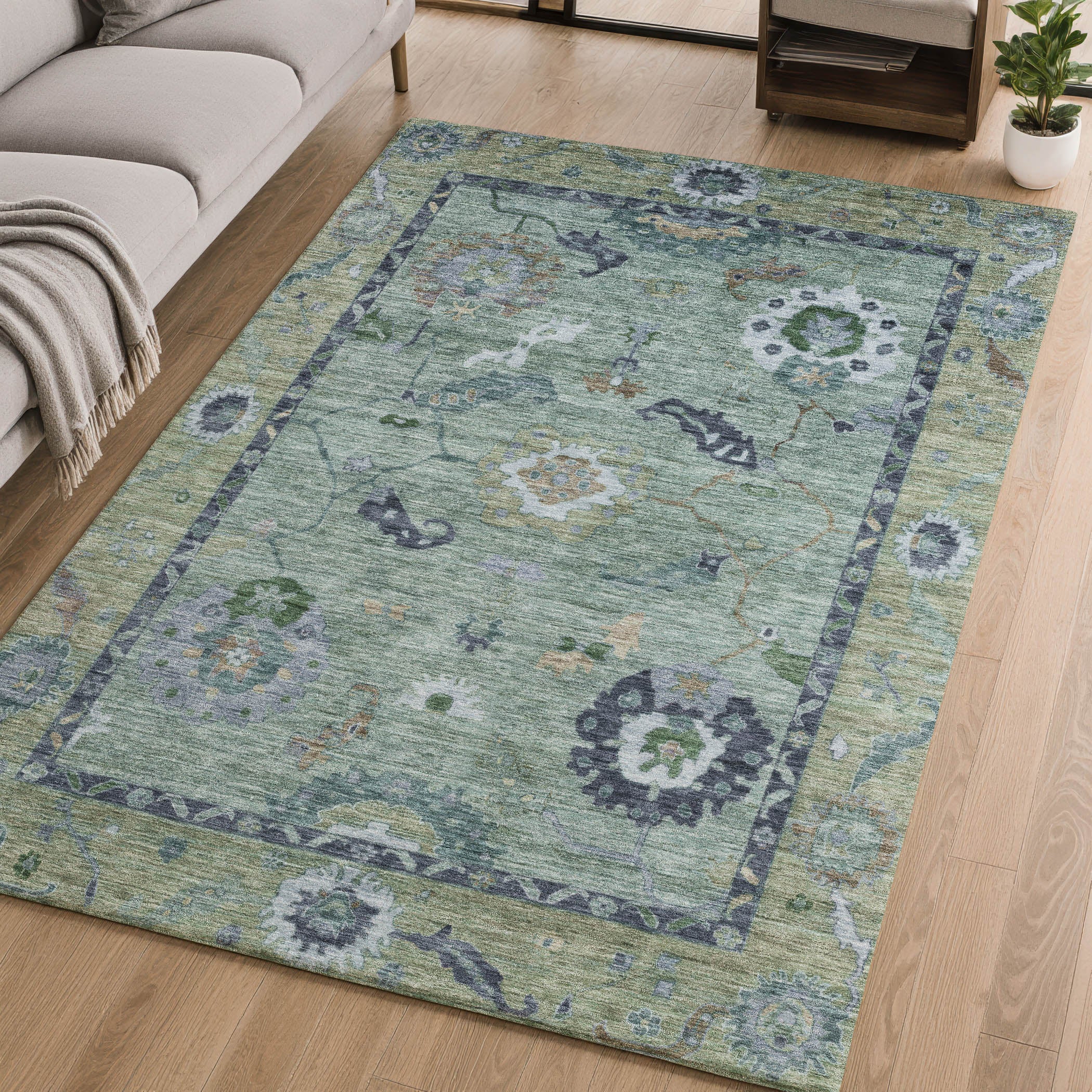 Kathmandu Machine Washable Traditional Green Rug 2'6" x 3'10" #shape_Rectangle
