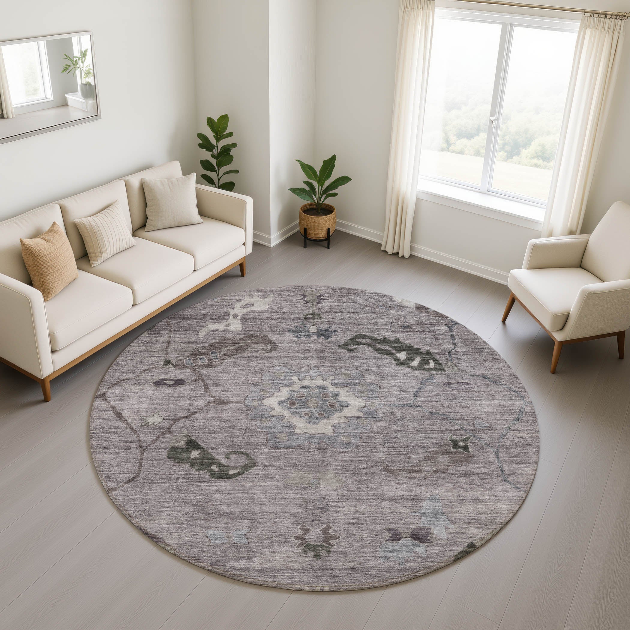 Kathmandu Machine Washable Traditional Pewter Gray Rug 8' x 8' #shape_Round