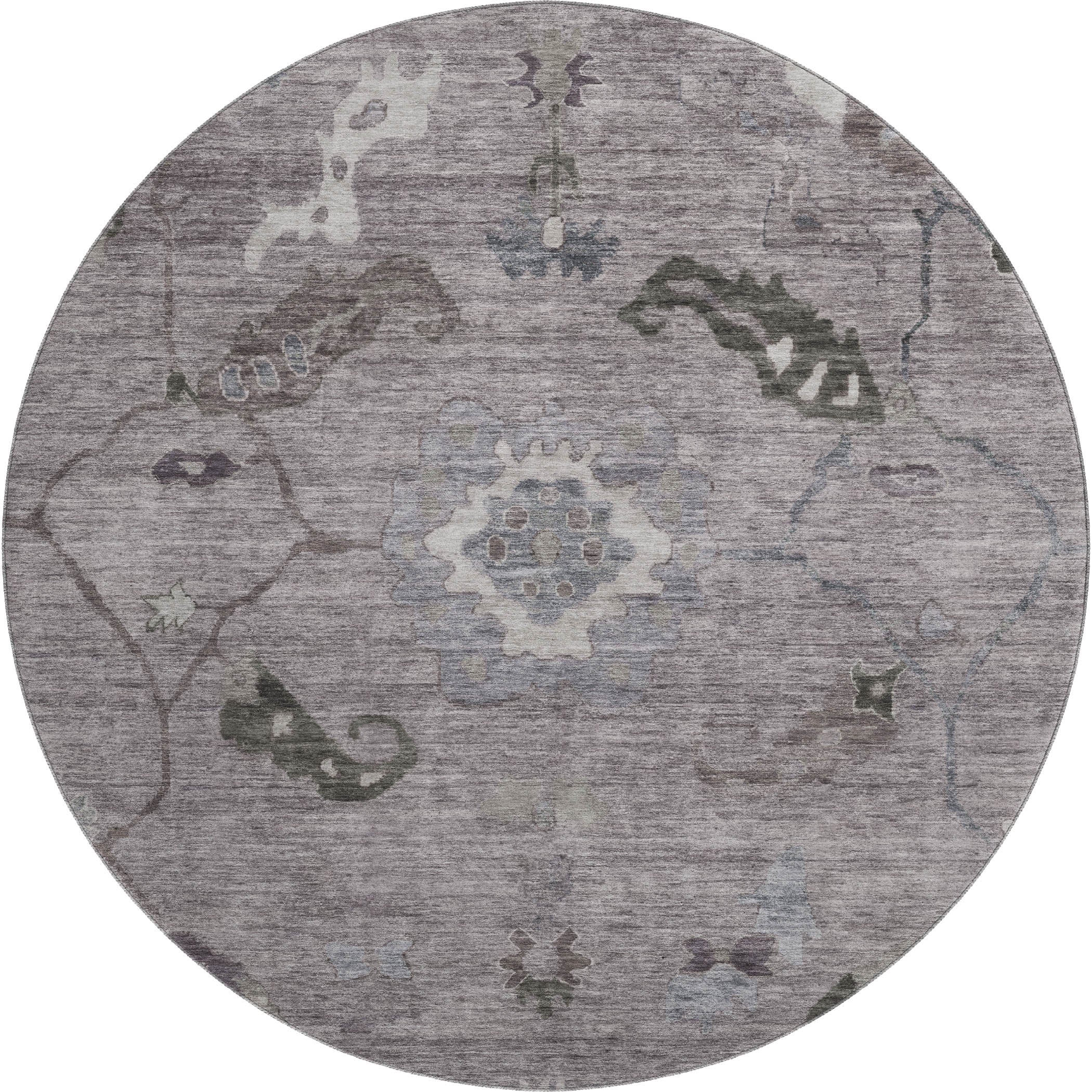 Kathmandu Machine Washable Traditional Pewter Gray Rug 8' x 8' #shape_Round