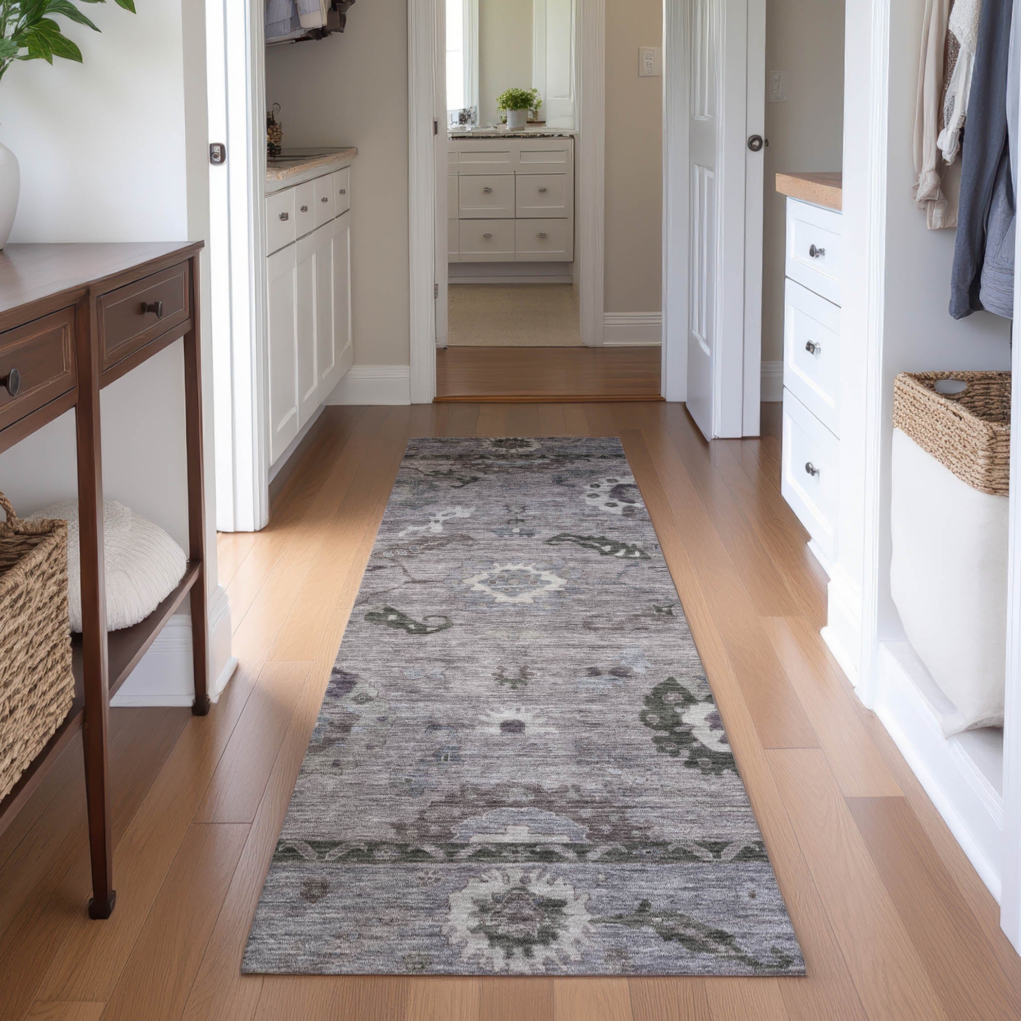 Kathmandu Machine Washable Traditional Pewter Gray Rug 2'3" x 7'6" #shape_Runner