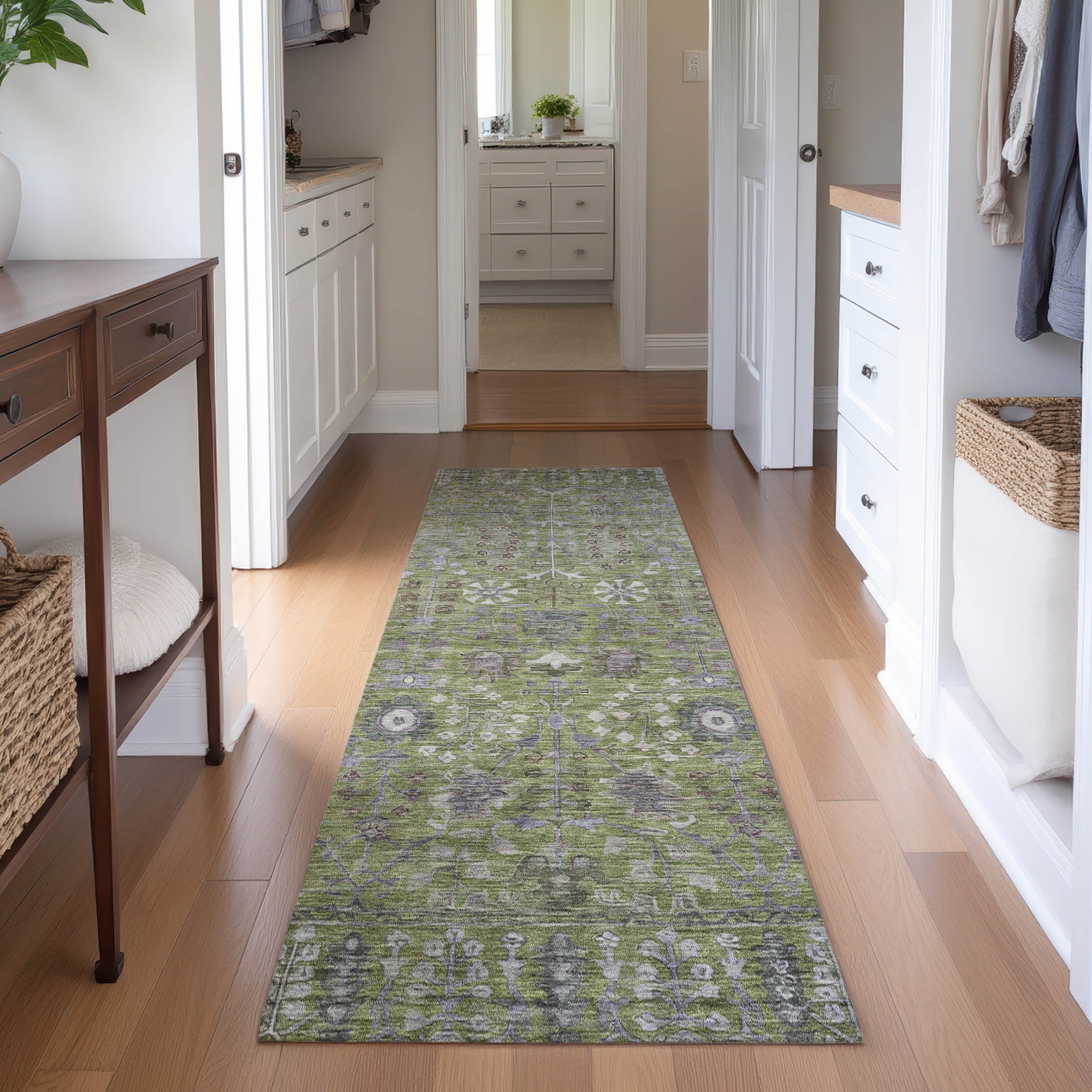 Montevideo Machine Washable Traditional Aloe Green Rug 2'3" x 7'6" #shape_Runner