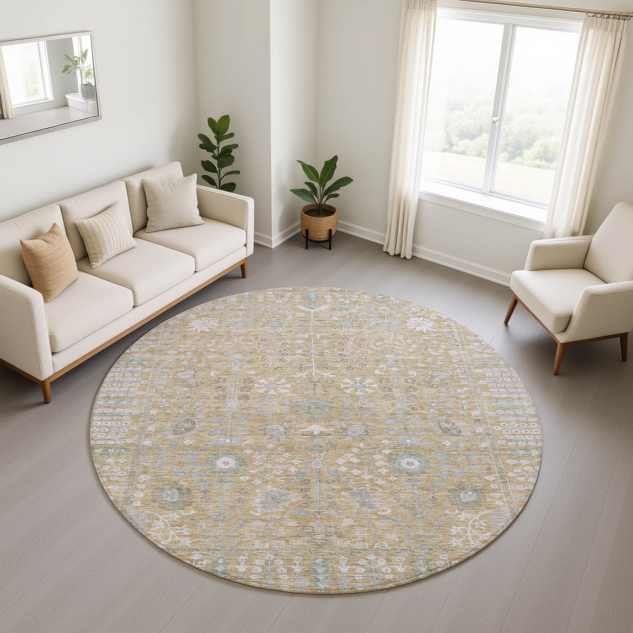 Montevideo Machine Washable Traditional Beige Brown Rug 8' x 8' #shape_Round