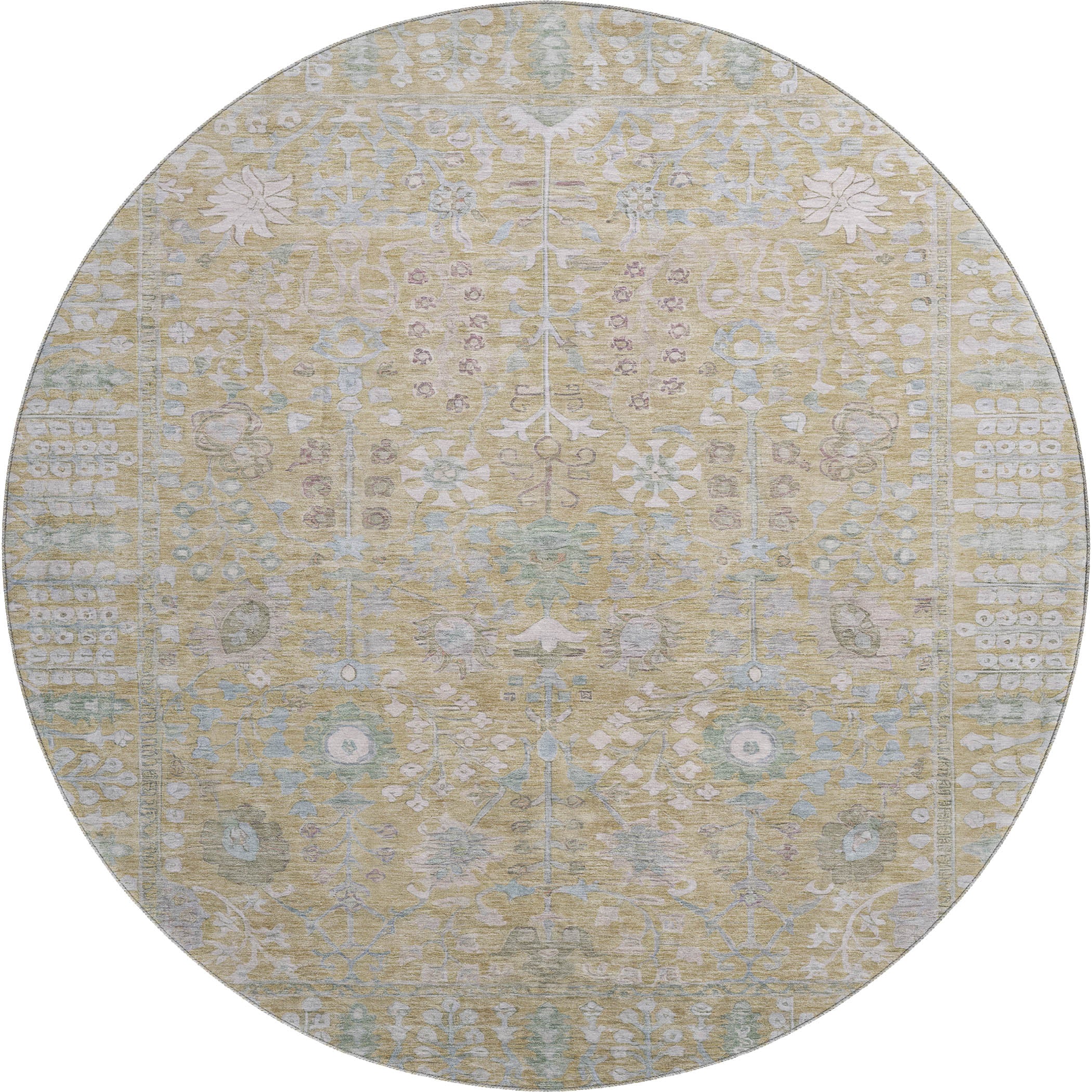 Montevideo Machine Washable Traditional Beige Brown Rug 8' x 8' #shape_Round
