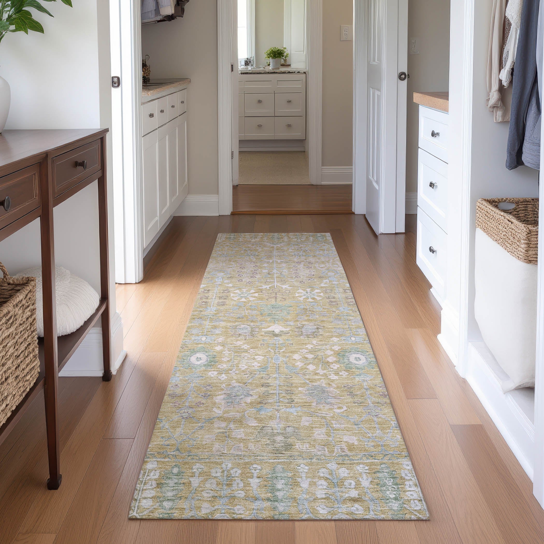 Montevideo Machine Washable Traditional Beige Brown Rug 2'3" x 7'6" #shape_Runner