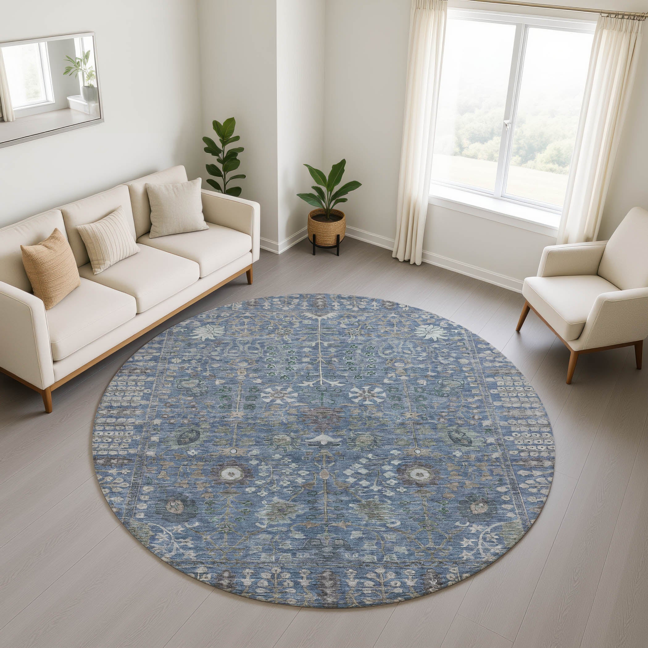 Montevideo Machine Washable Traditional Blue Rug 8' x 8' #shape_Round