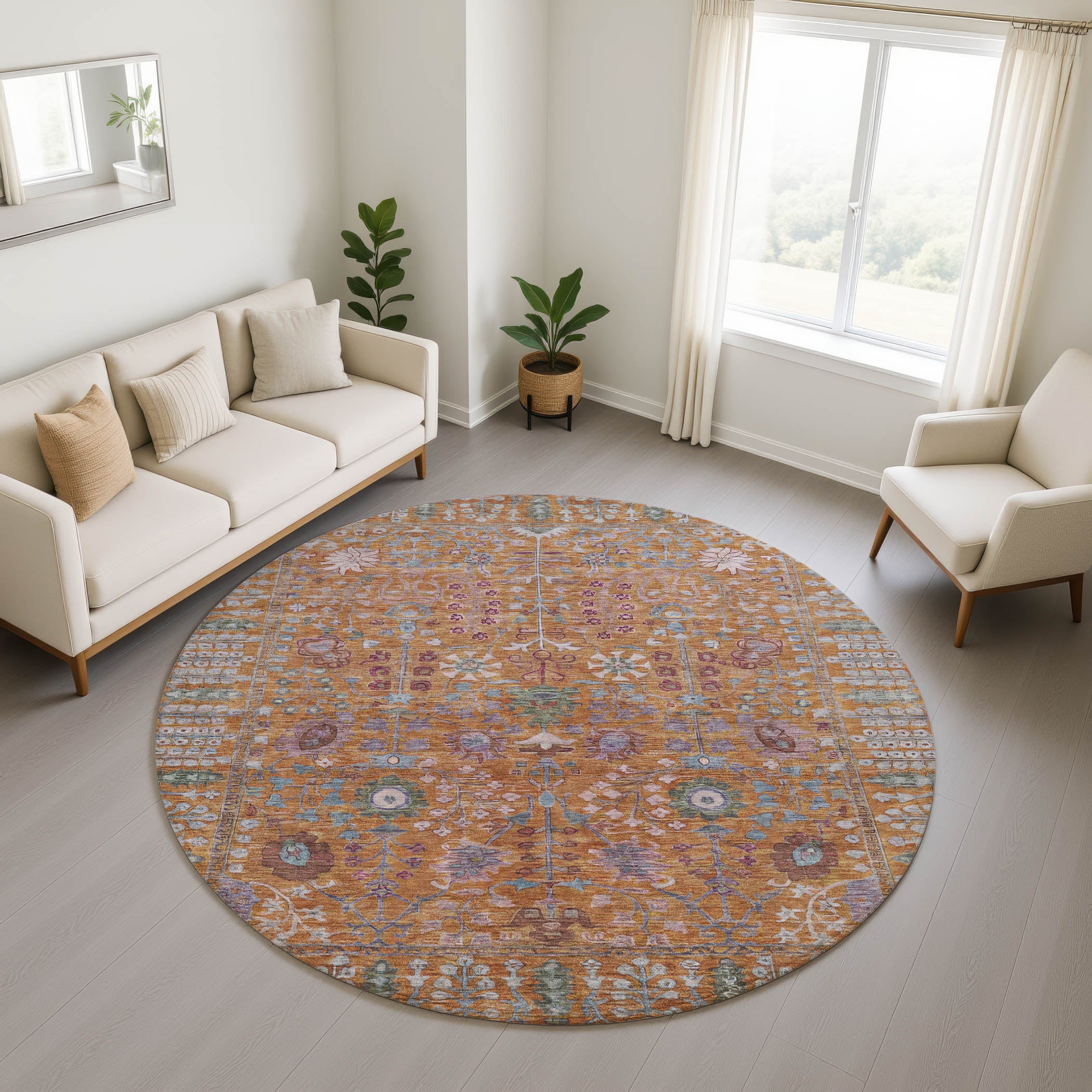 Montevideo Machine Washable Traditional Orange Rug 8' x 8' #shape_Round