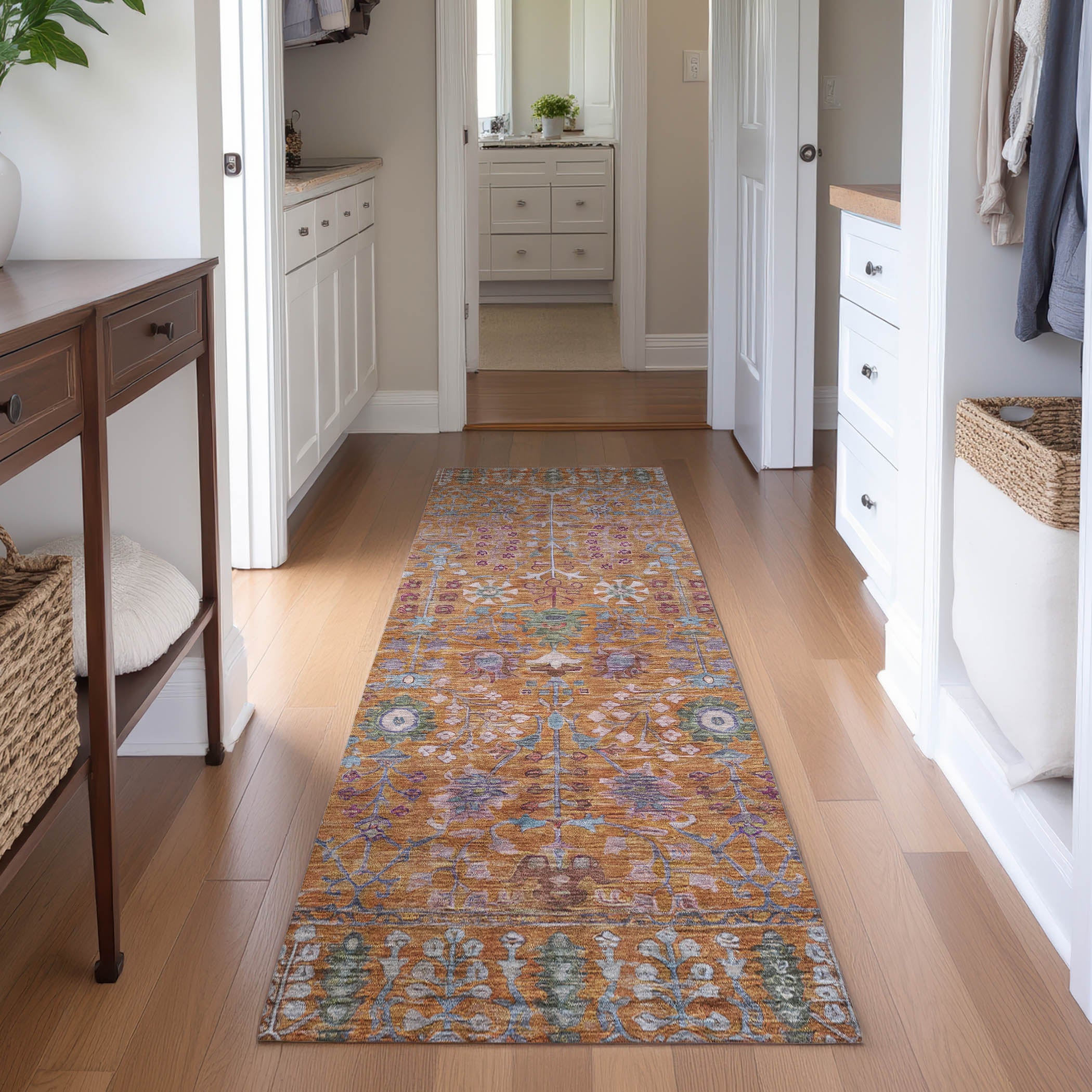 Montevideo Machine Washable Traditional Orange Rug 2'3" x 7'6" #shape_Runner