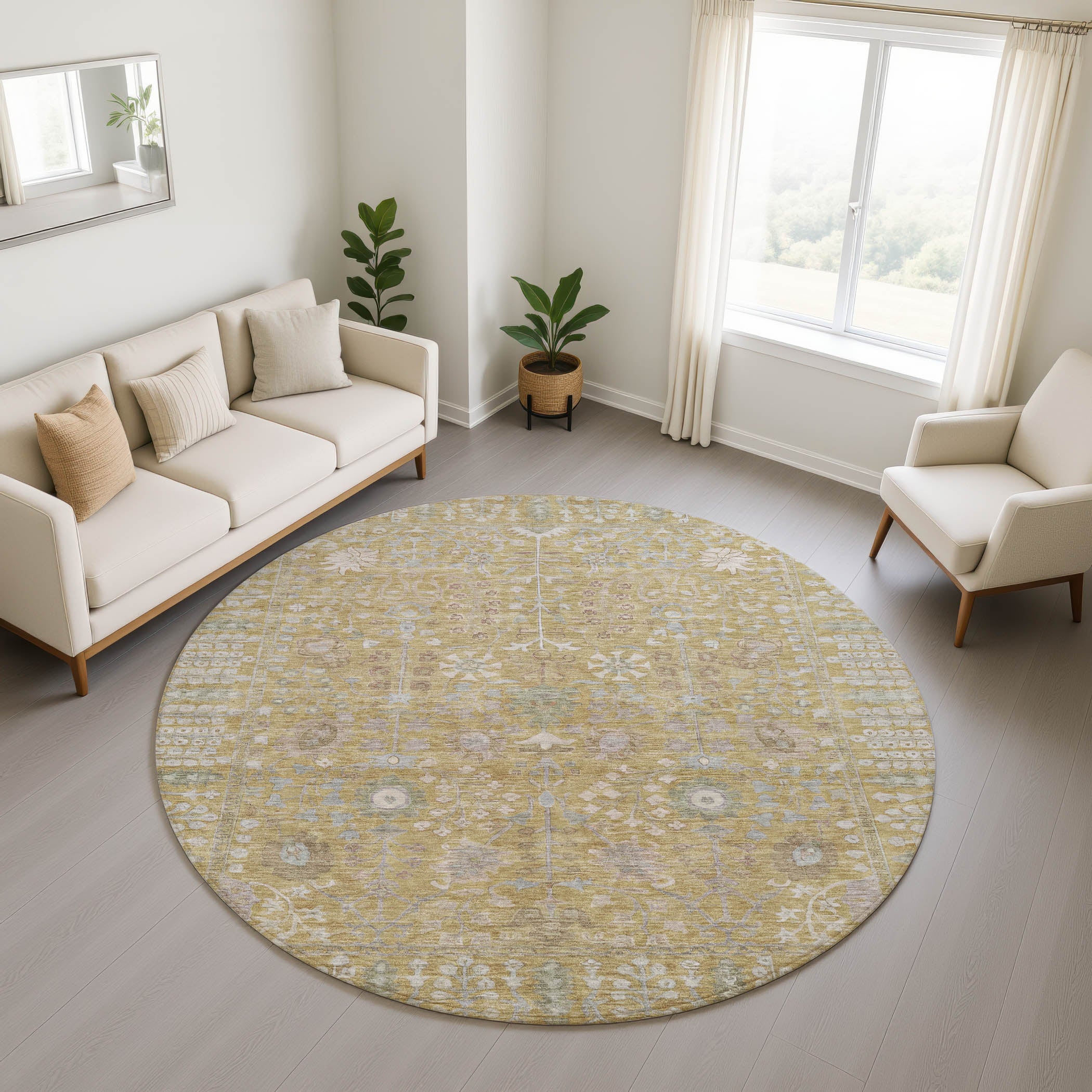 Montevideo Machine Washable Traditional Wheat Gold Rug 8' x 8' #shape_Round