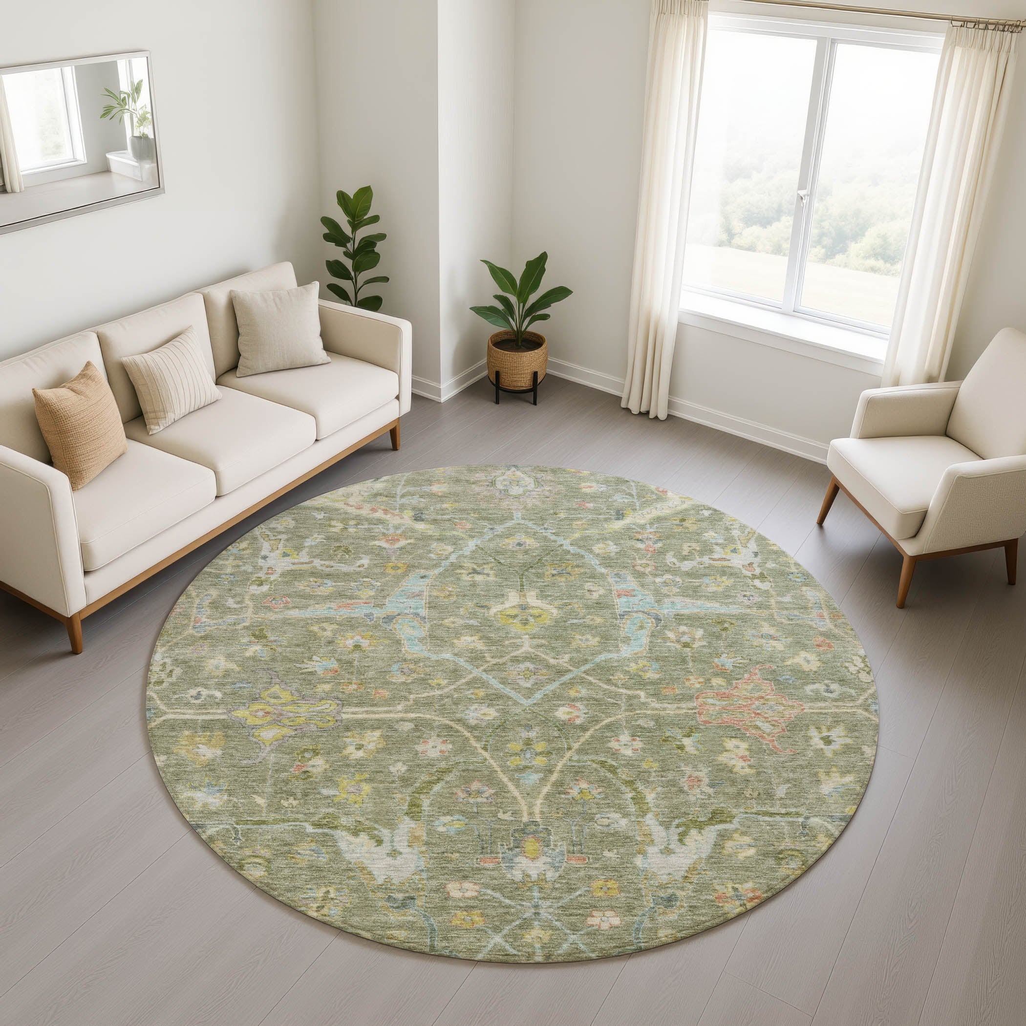 Ghent Machine Washable Traditional Aloe Green Rug 8' x 8' #shape_Round