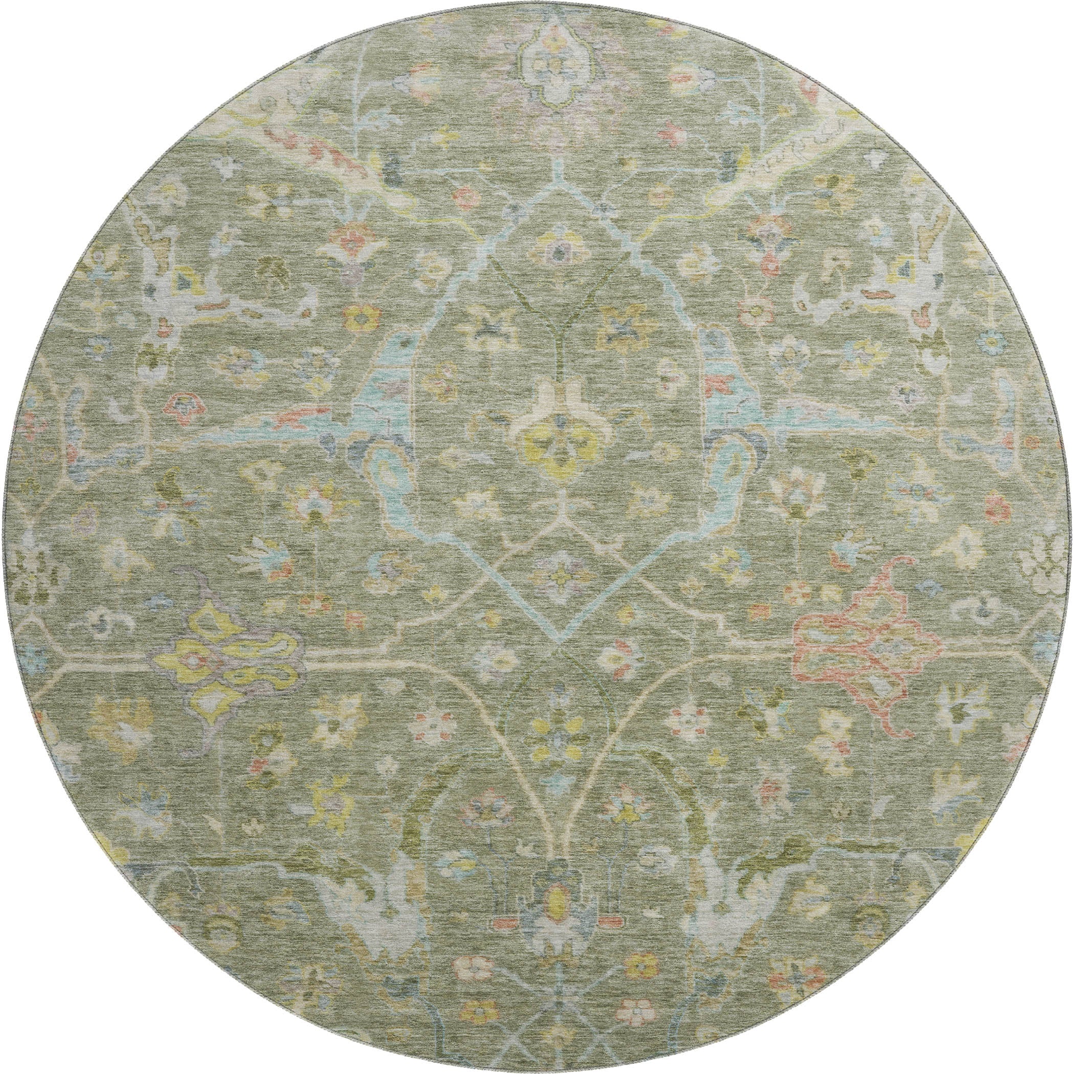 Ghent Machine Washable Traditional Aloe Green Rug 8' x 8' #shape_Round