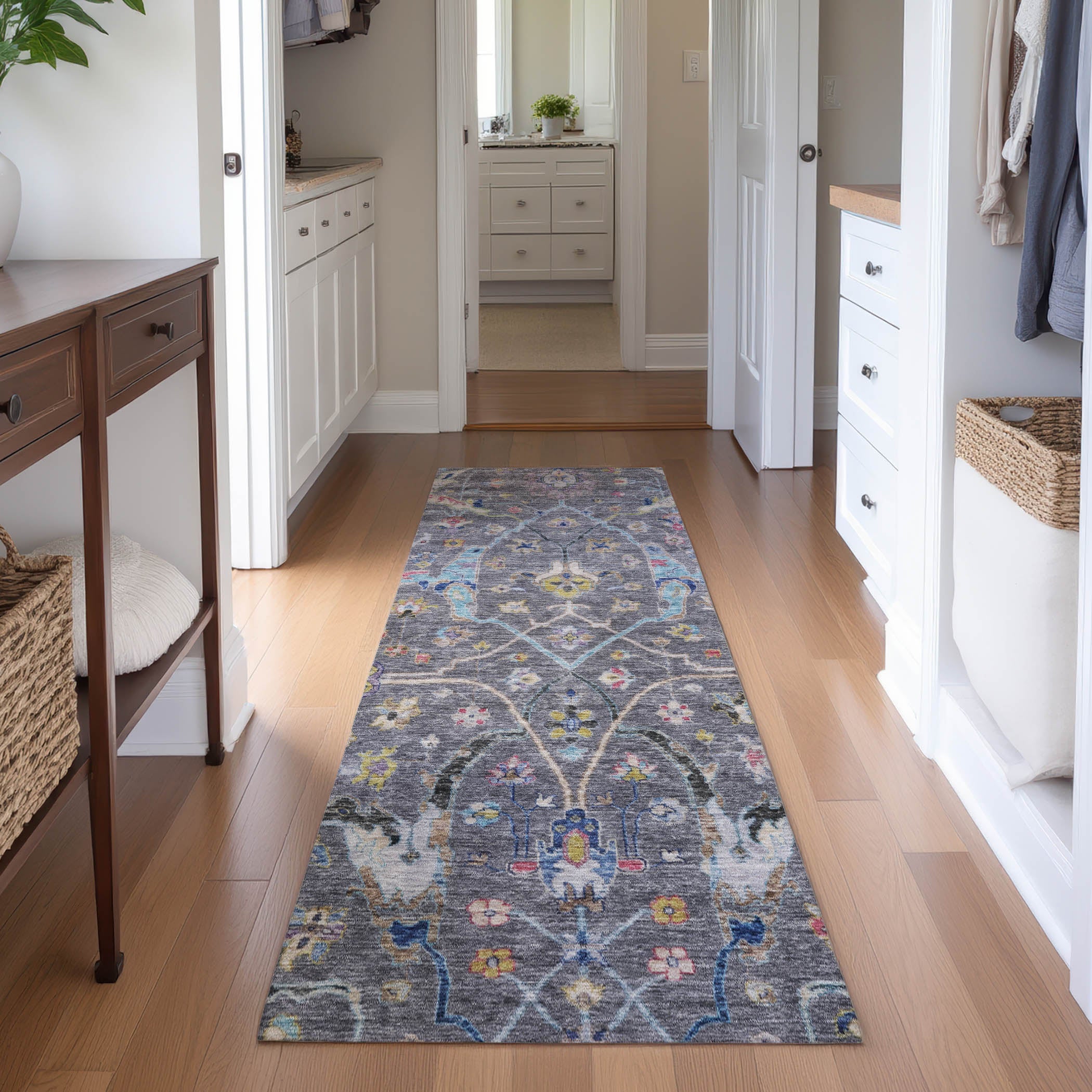 Ghent Machine Washable Traditional Gray Rug 2'3" x 7'6" #shape_Runner