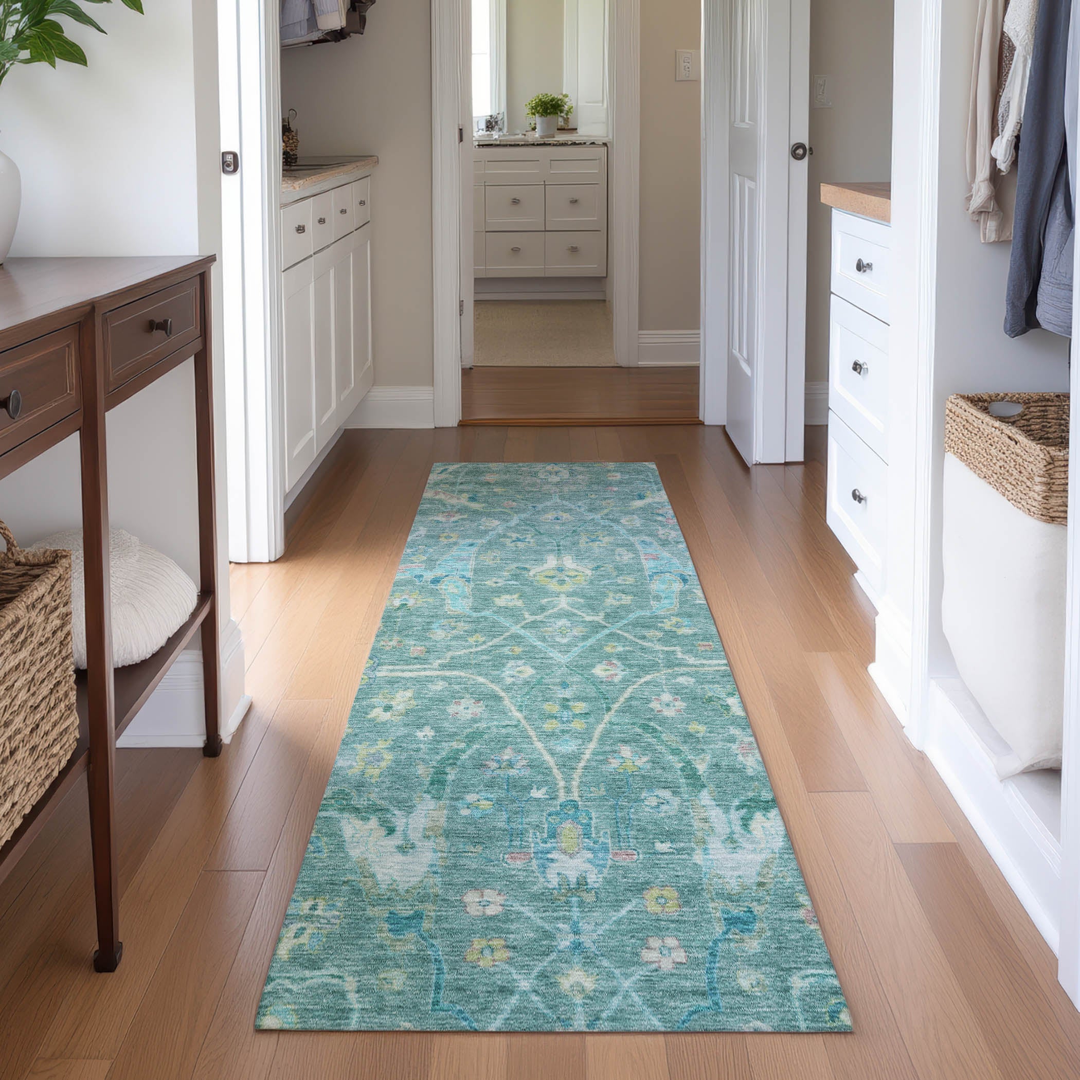 Ghent Machine Washable Traditional Teal Rug 2'3" x 7'6" #shape_Runner