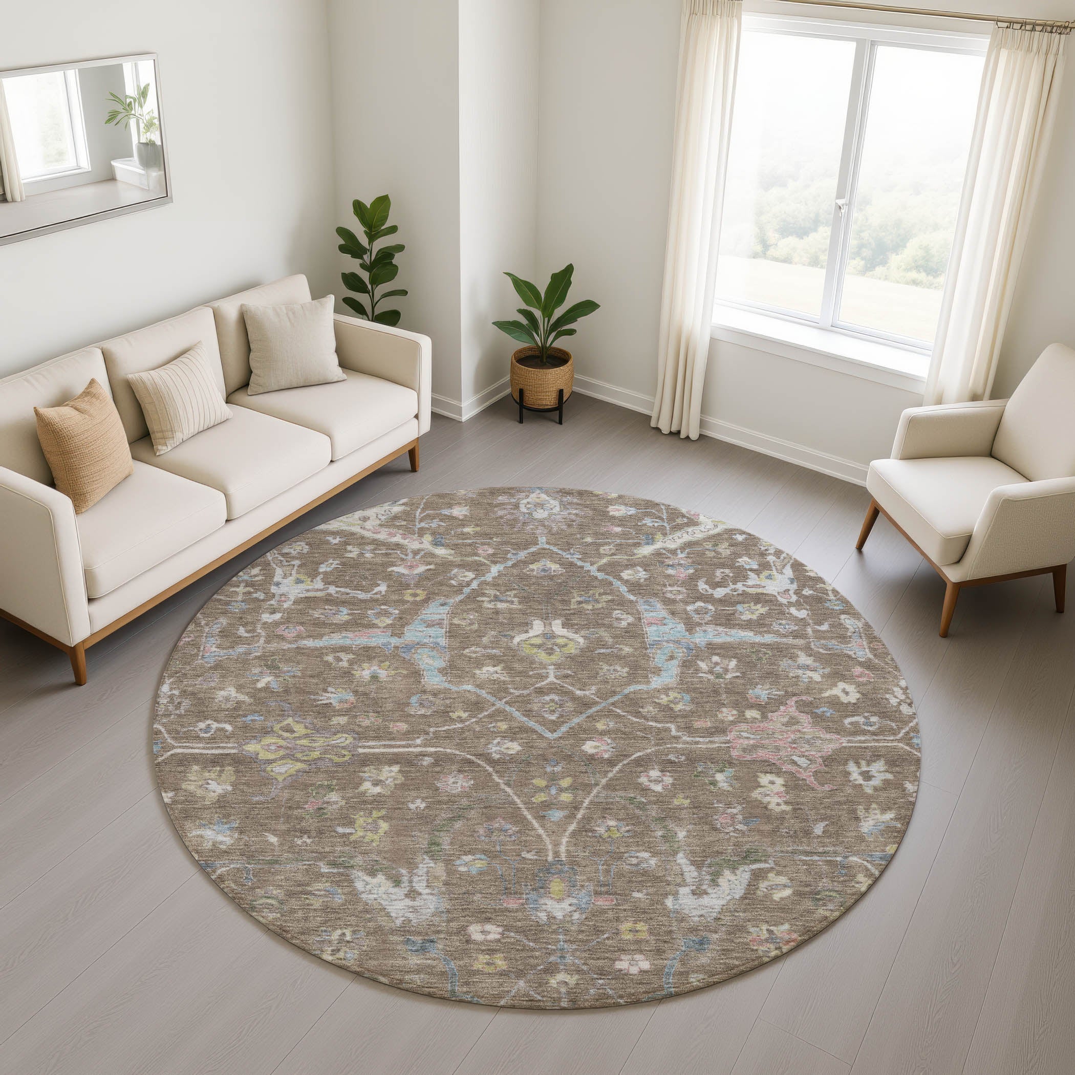 Budapest Machine Washable Traditional Brown Rug 8' x 8' #shape_Round