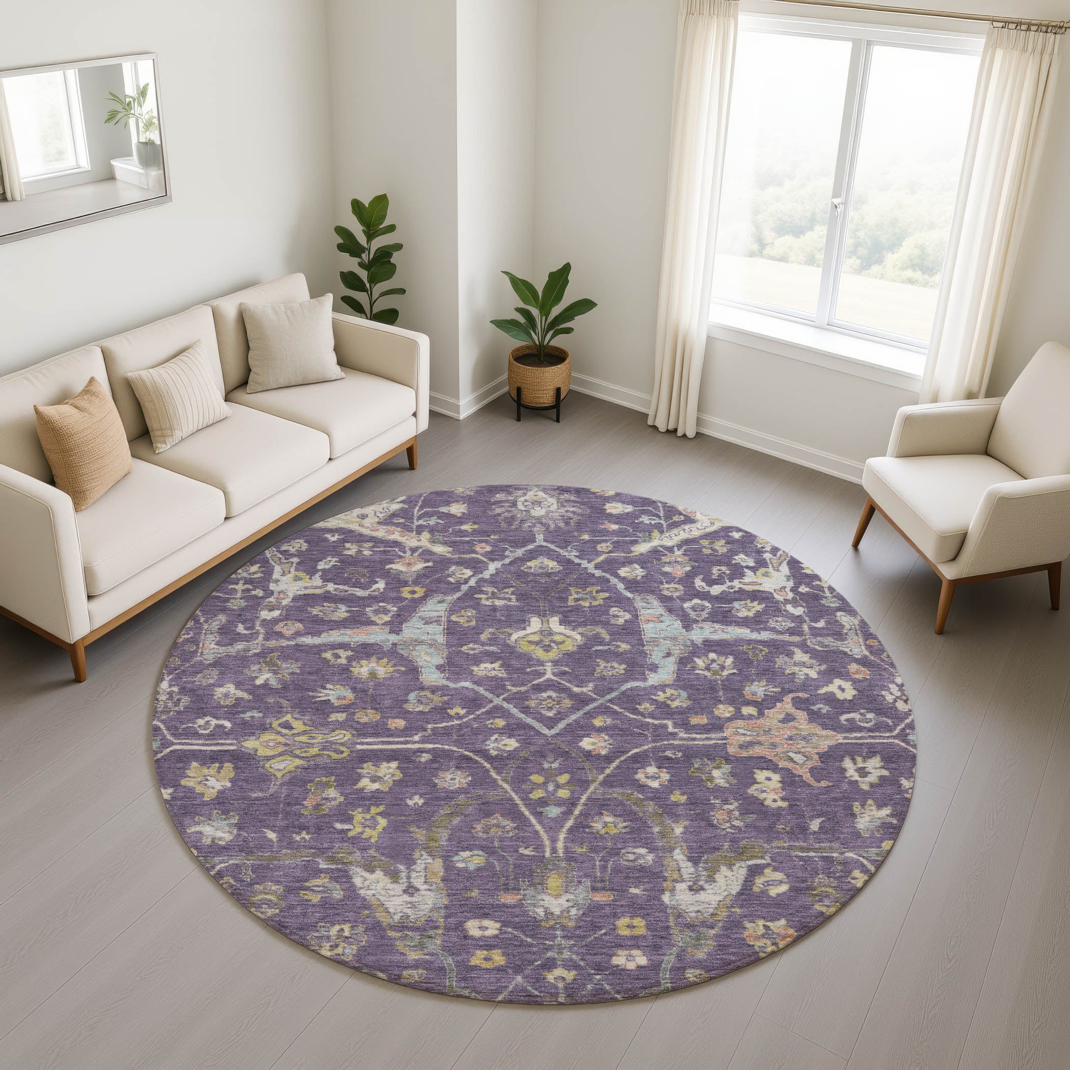 Budapest Machine Washable Traditional Eggplant Purple Rug 8' x 8' #shape_Round