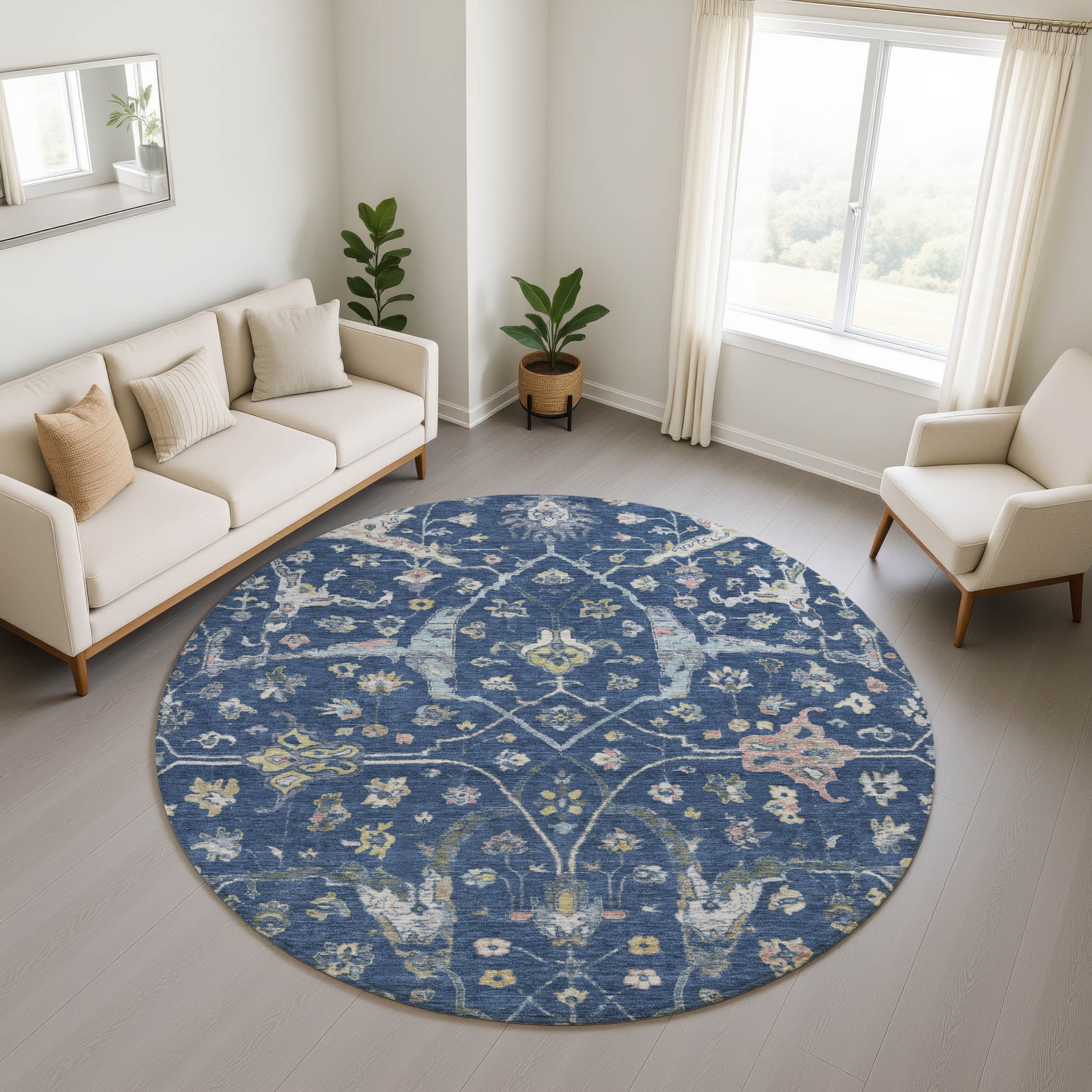 Budapest Machine Washable Traditional Navy Blue Rug 8' x 8' #shape_Round
