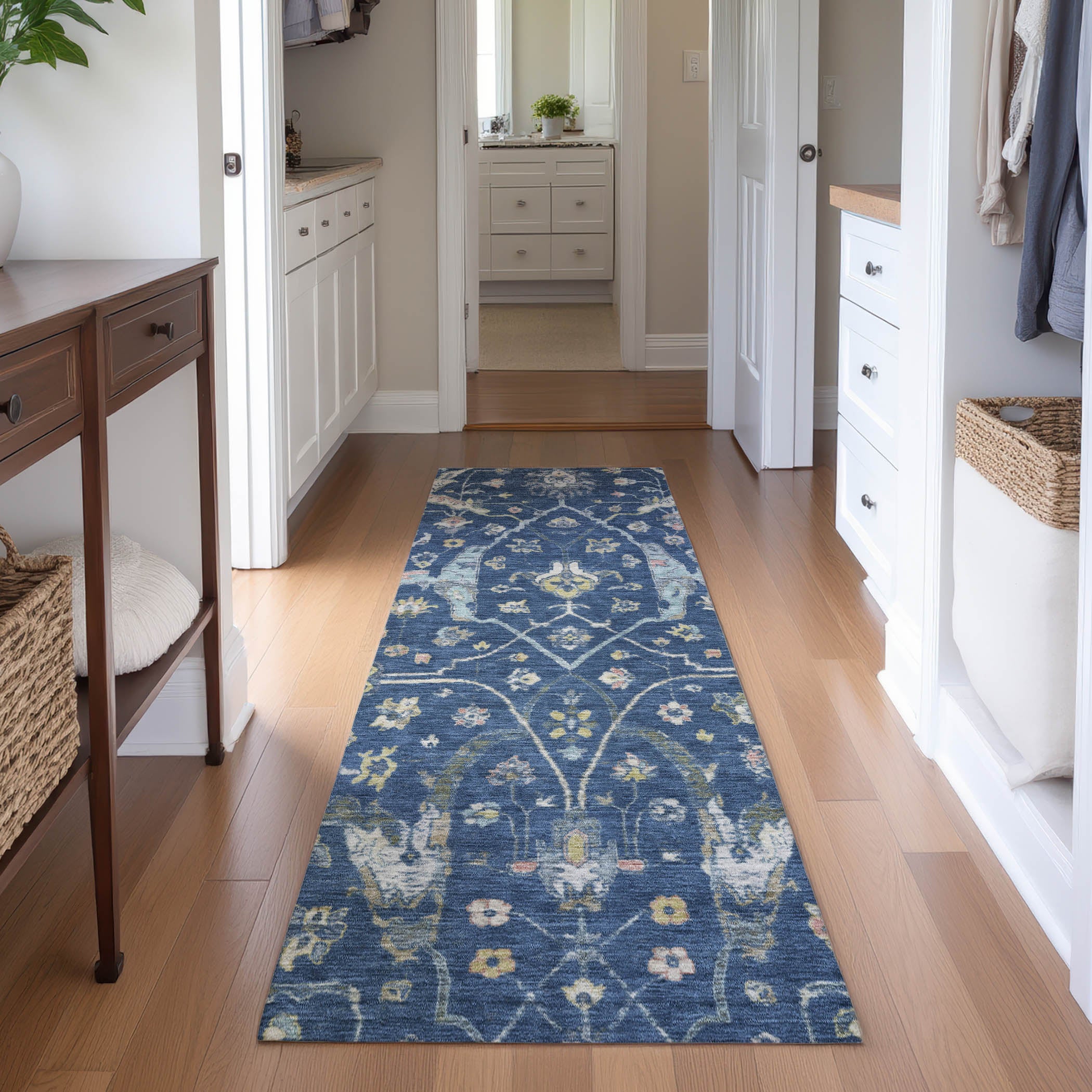 Budapest Machine Washable Traditional Navy Blue Rug 2'3" x 7'6" #shape_Runner