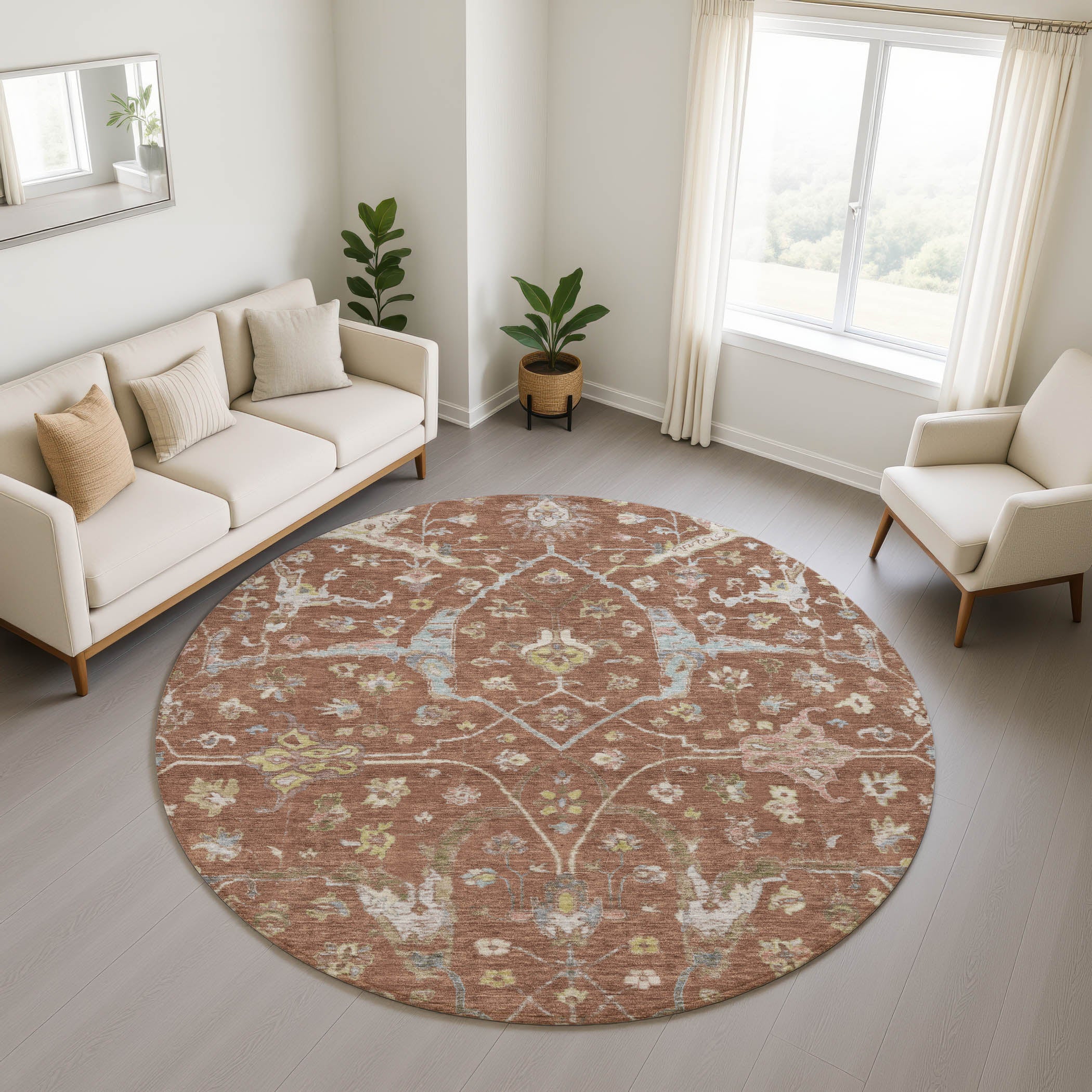 Budapest Machine Washable Traditional Paprika Orange Rug 8' x 8' #shape_Round