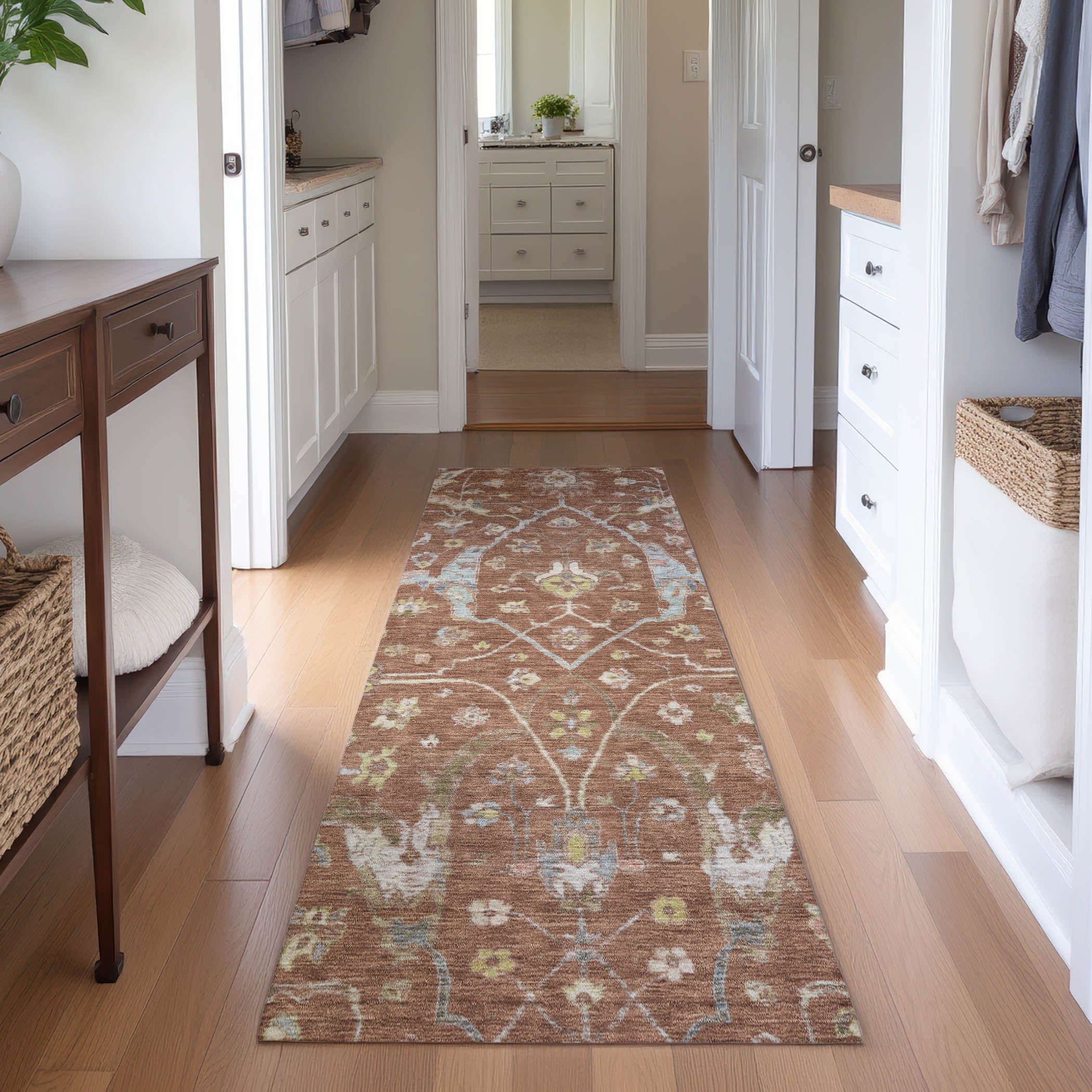 Budapest Machine Washable Traditional Paprika Orange Rug 2'3" x 7'6" #shape_Runner