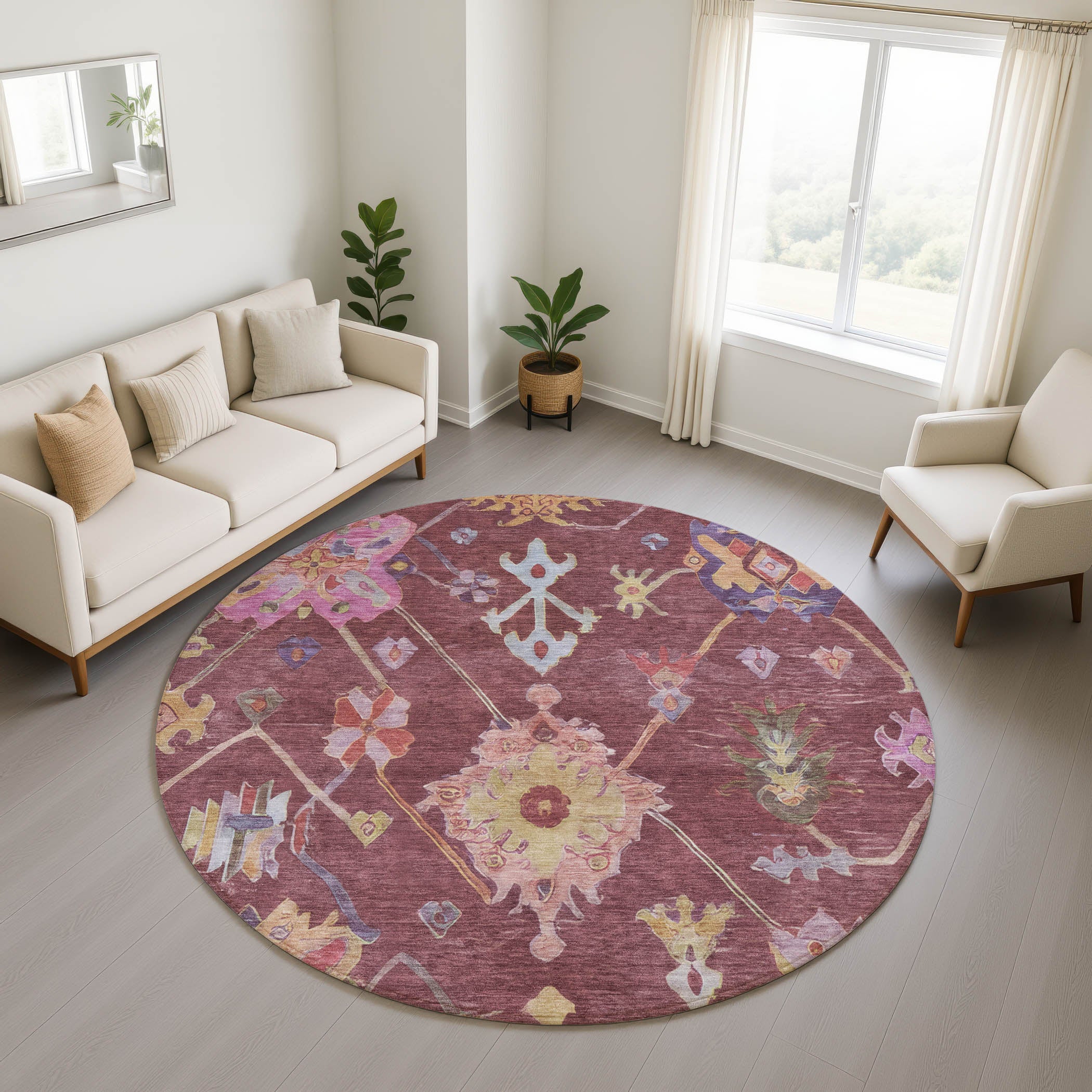 Seville Machine Washable Traditional Burgundy Red Rug 8' x 8' #shape_Round