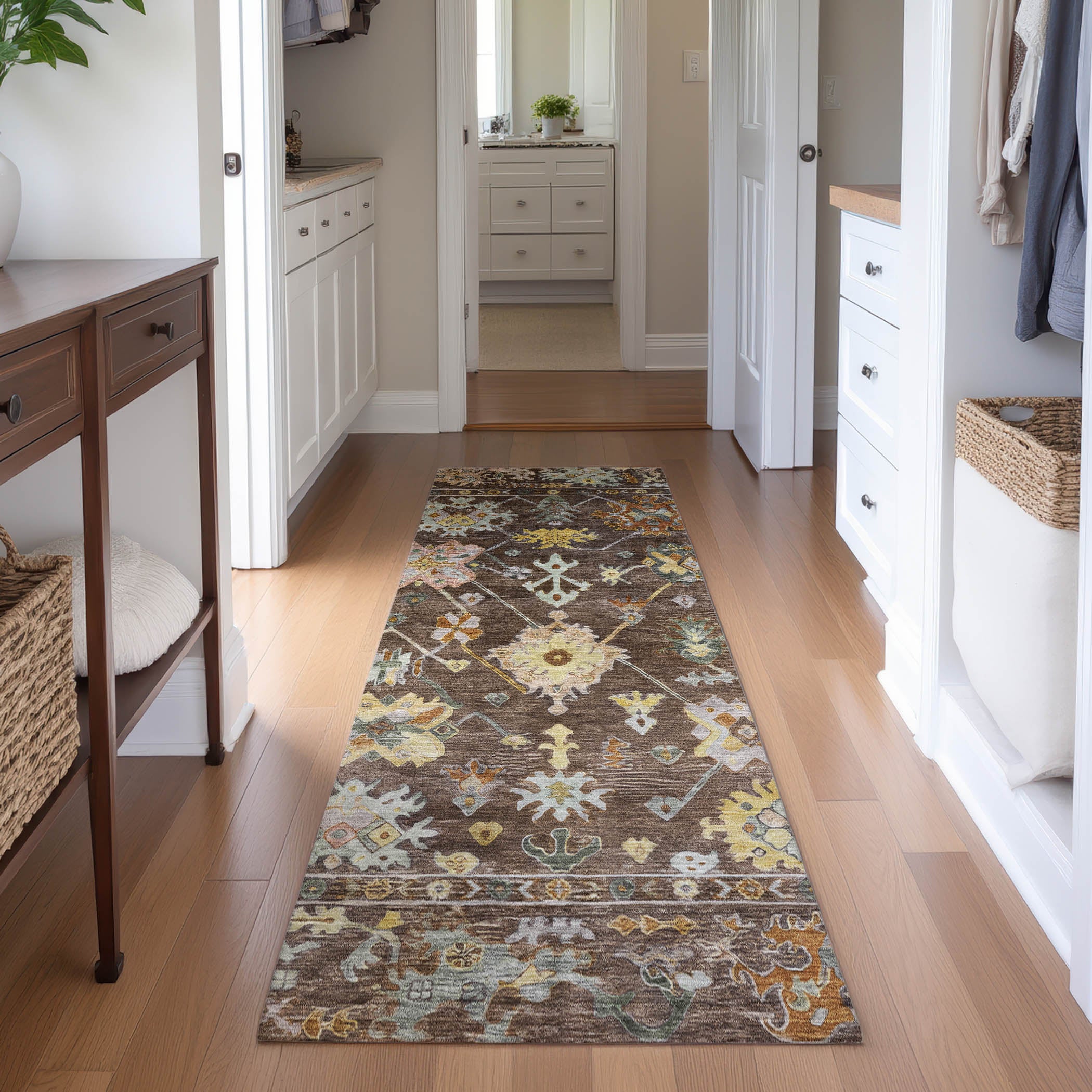Seville Machine Washable Traditional Chocolate Brown Rug 2'3" x 7'6" #shape_Runner