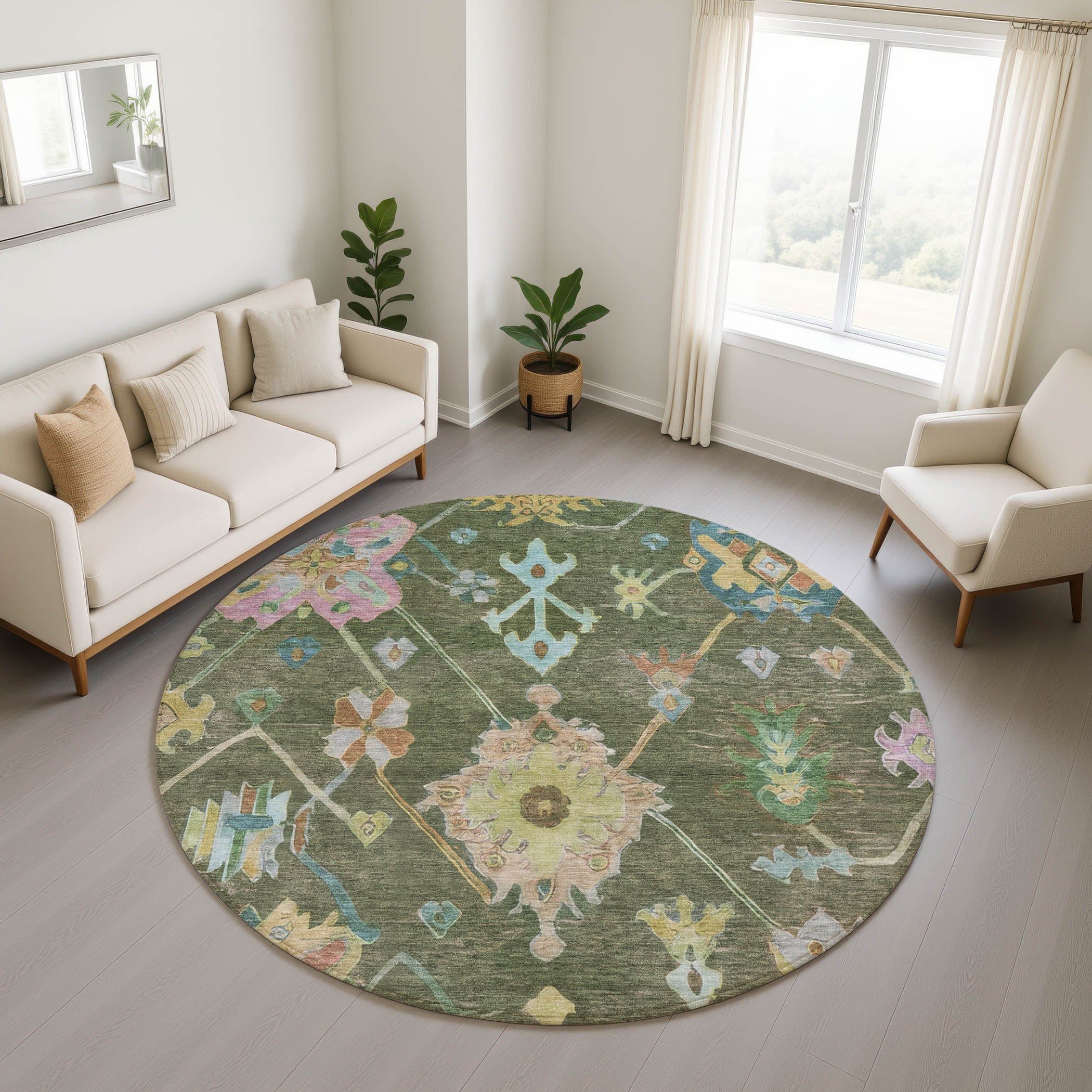 Seville Machine Washable Traditional Fern Green Rug 8' x 8' #shape_Round
