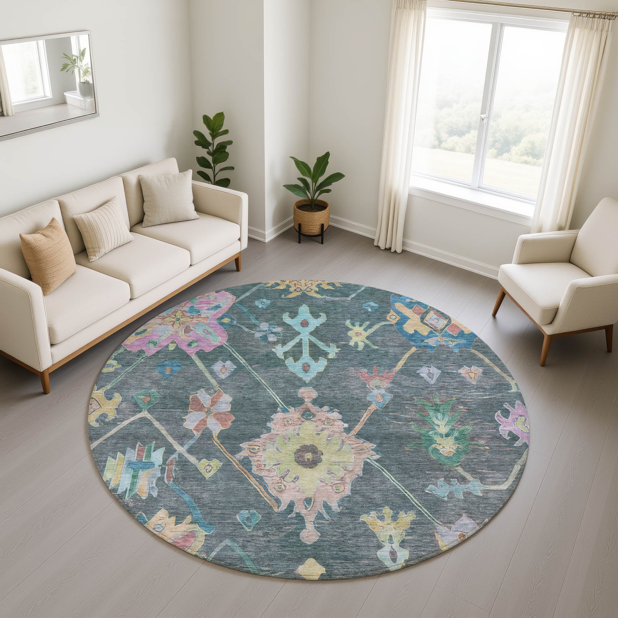 Seville Machine Washable Traditional Teal Rug 8' x 8' #shape_Round