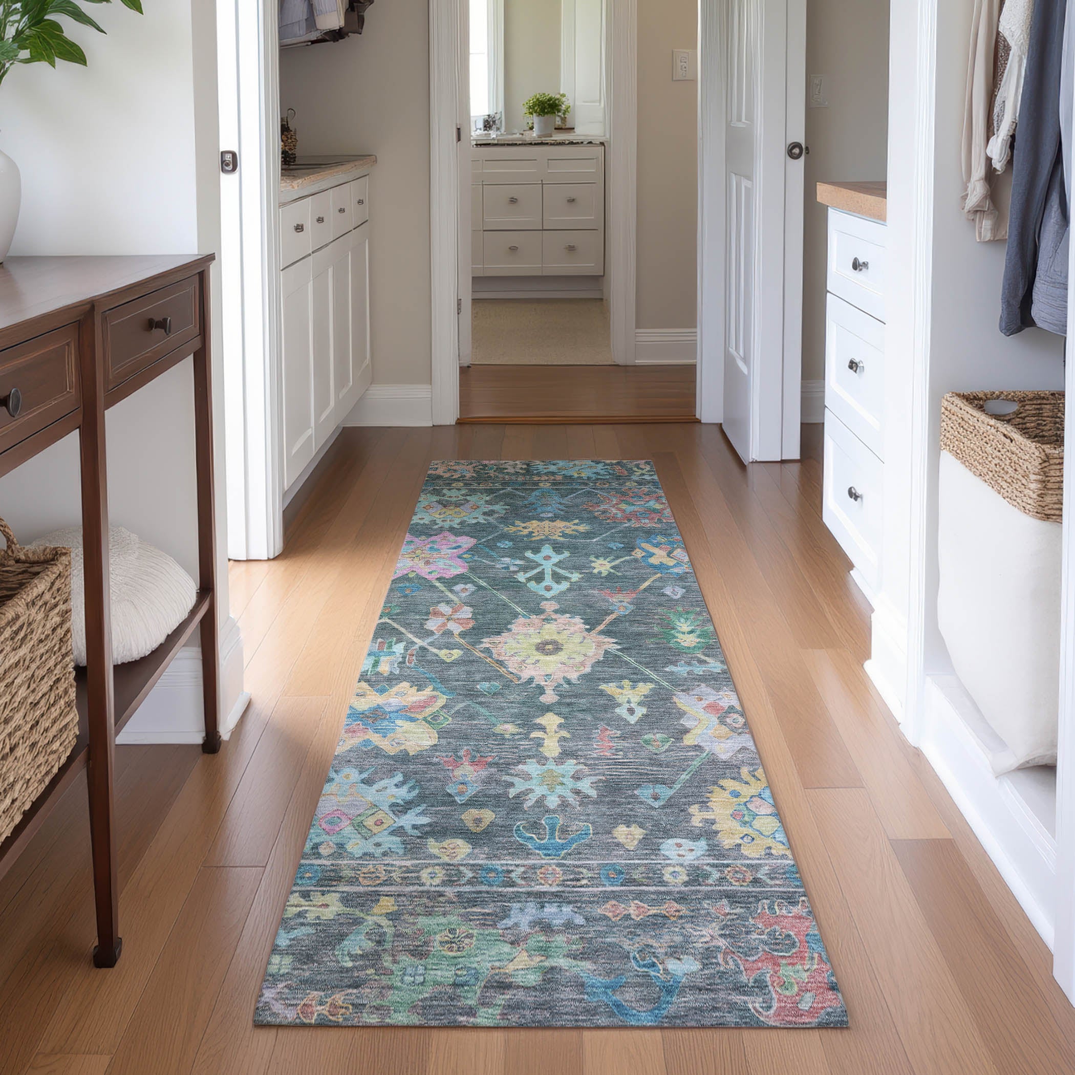 Seville Machine Washable Traditional Teal Rug 2'3" x 7'6" #shape_Runner