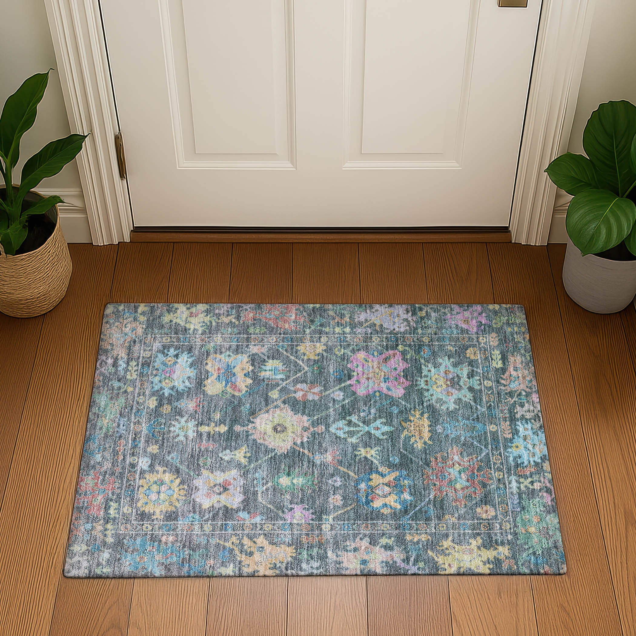 Seville Machine Washable Traditional Teal Rug 1'8" x 2'6" #shape_Rectangle