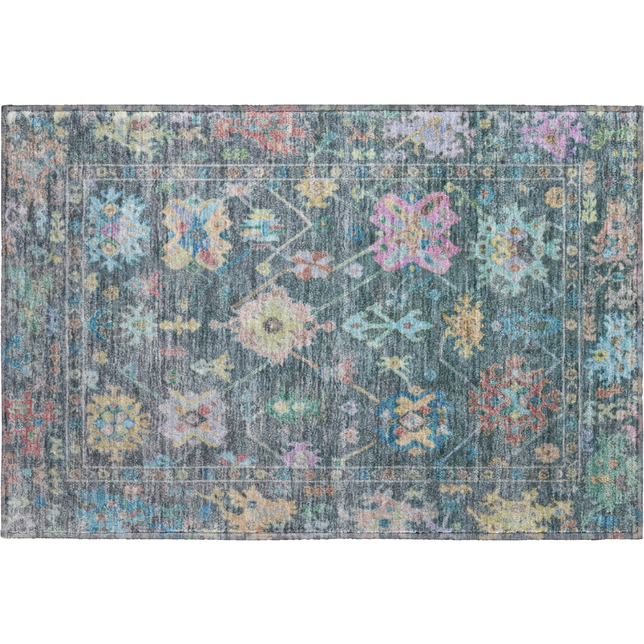 Seville Machine Washable Traditional Teal Rug 1'8" x 2'6" #shape_Rectangle