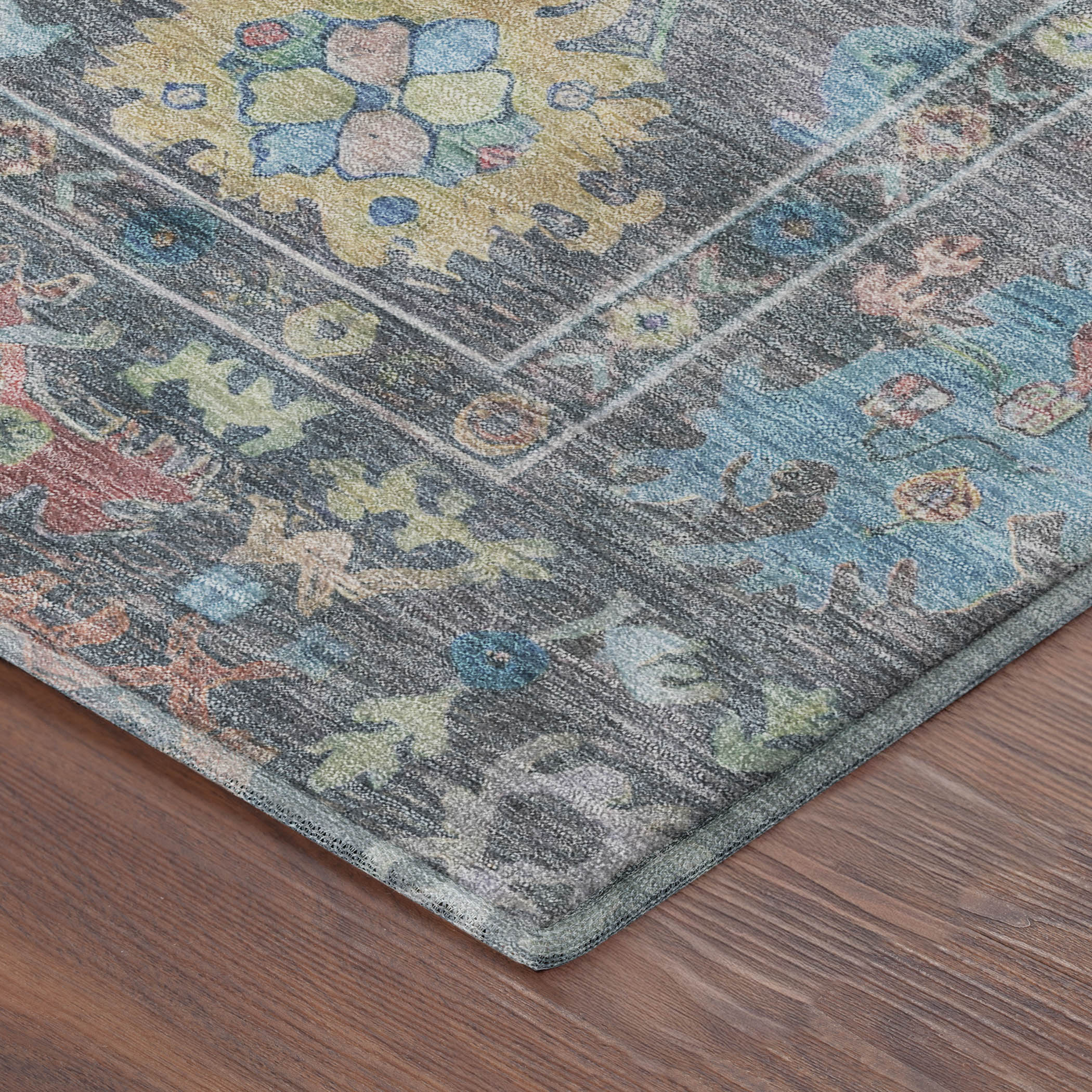 Seville Machine Washable Traditional Teal Rug 1'8" x 2'6" #shape_Rectangle