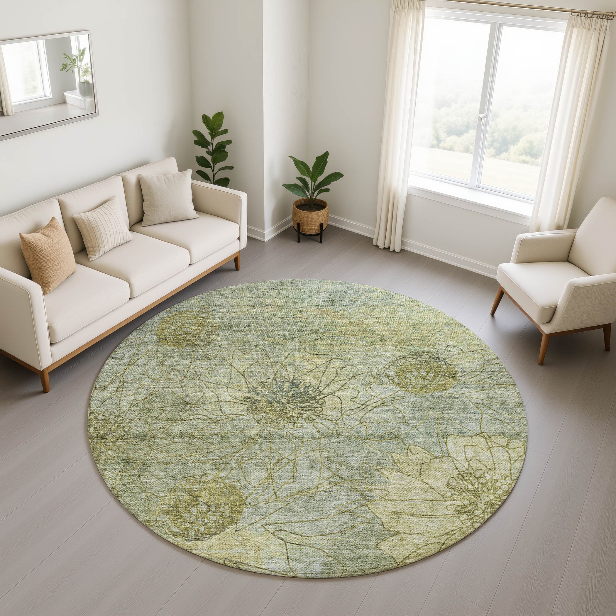 Oaxaca Machine Washable Transitional Aloe Green Rug 8' x 8' #shape_Round