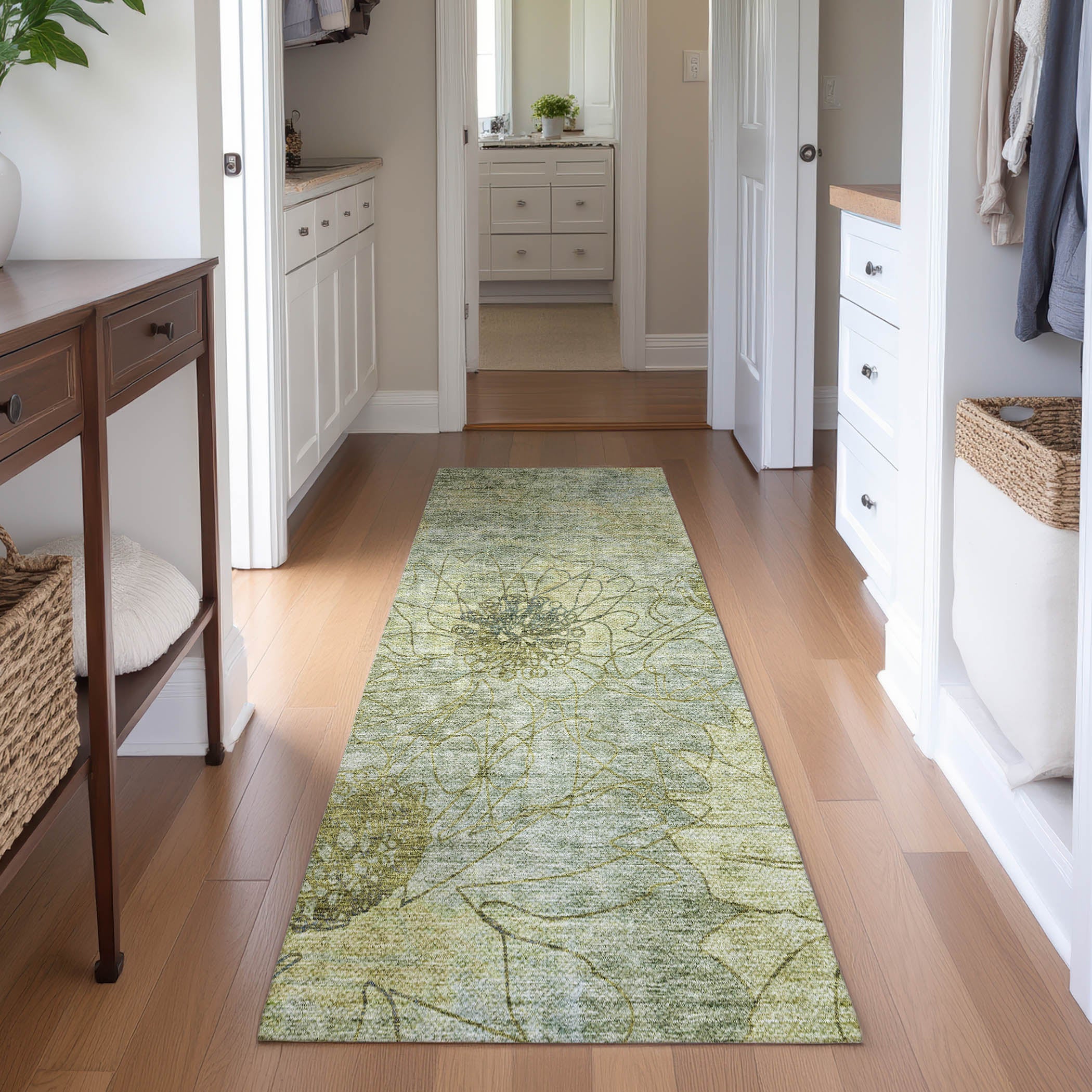 Oaxaca Machine Washable Transitional Aloe Green Rug 2'3" x 7'6" #shape_Runner