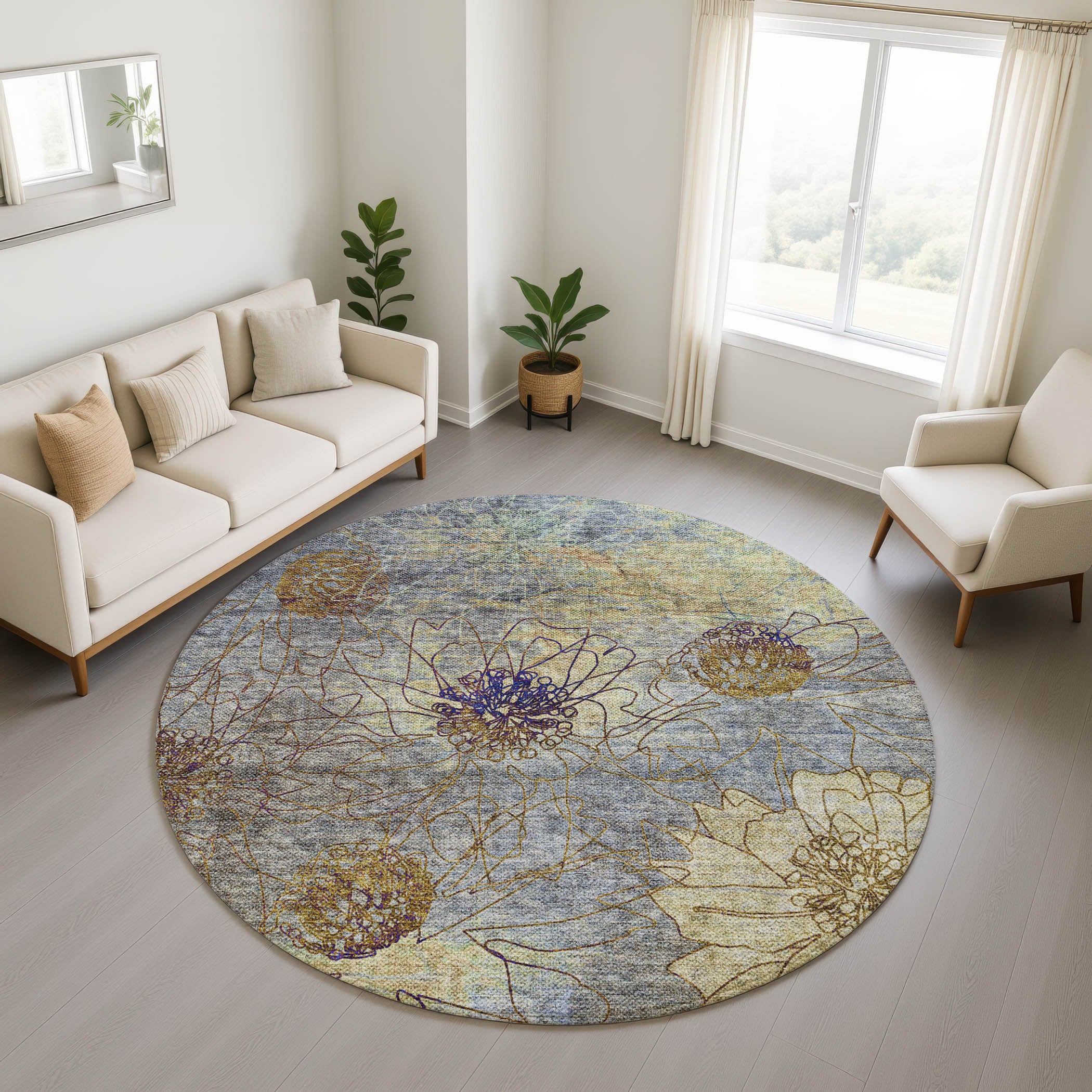 Oaxaca Machine Washable Transitional Denim Blue Rug 8' x 8' #shape_Round