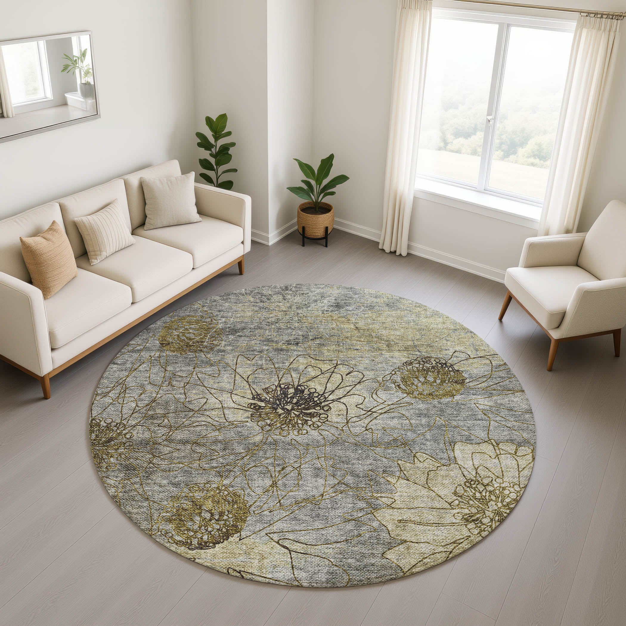 Oaxaca Machine Washable Transitional Granite Gray Rug 8' x 8' #shape_Round