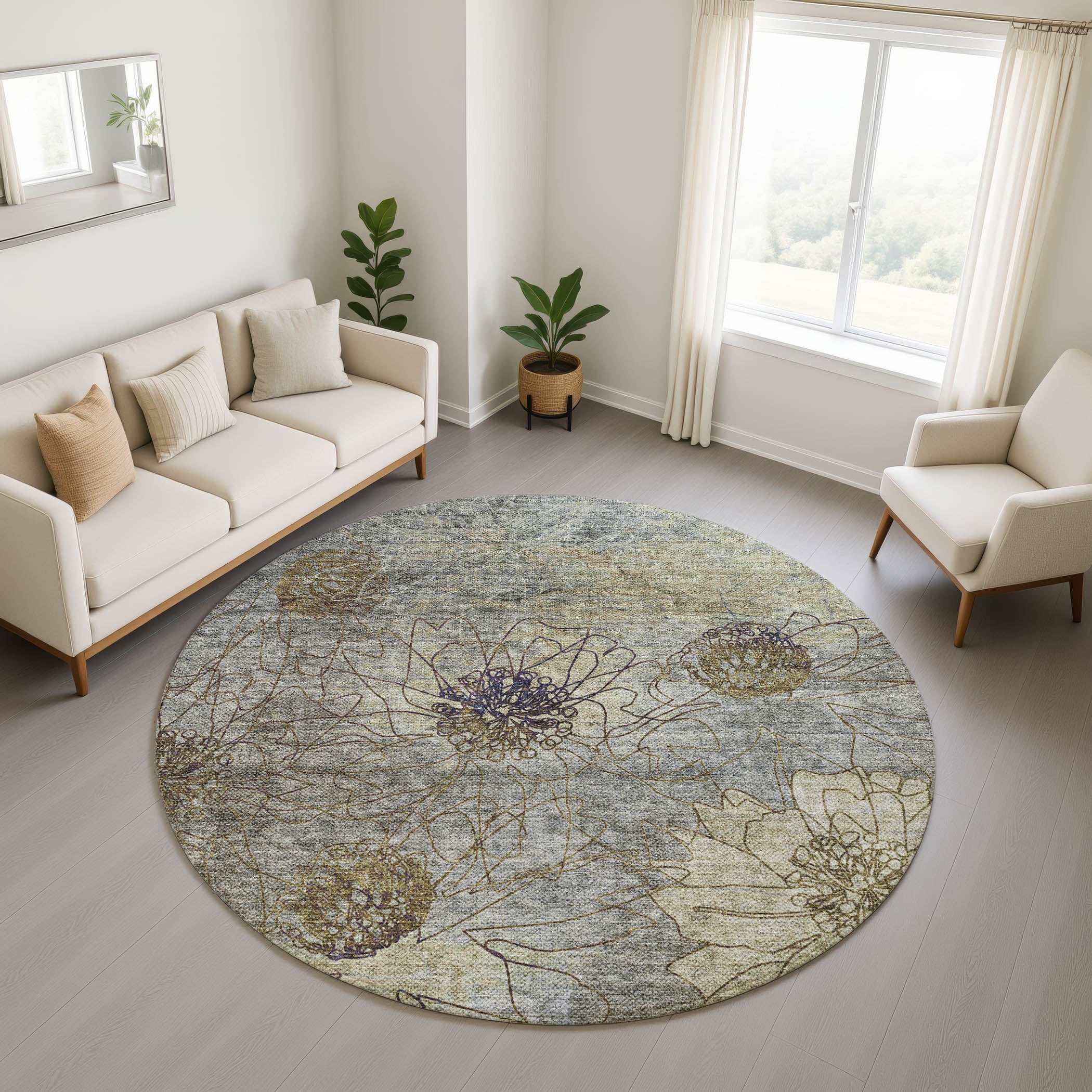 Oaxaca Machine Washable Transitional Pewter Gray Rug 8' x 8' #shape_Round