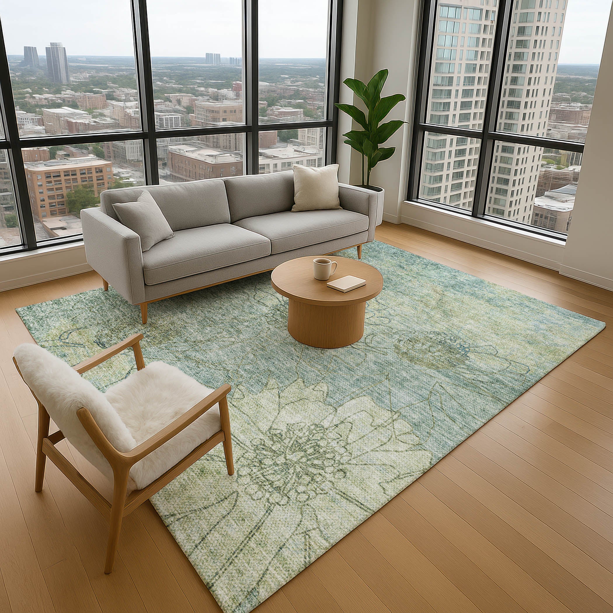 Oaxaca Machine Washable Transitional Seafoam Blue Rug 2'6" x 3'10" #shape_Rectangle