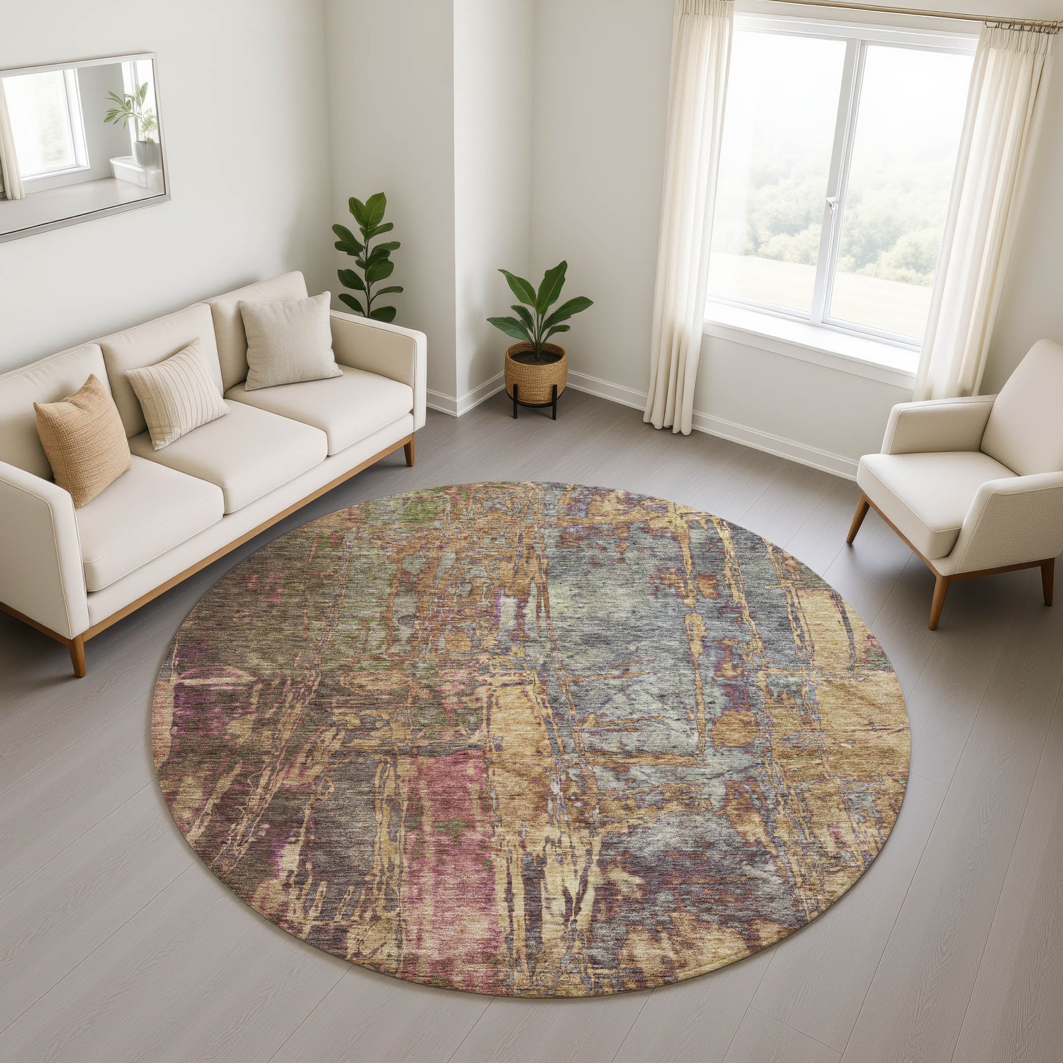 Siena Machine Washable Transitional Brown Rug 8' x 8' #shape_Round