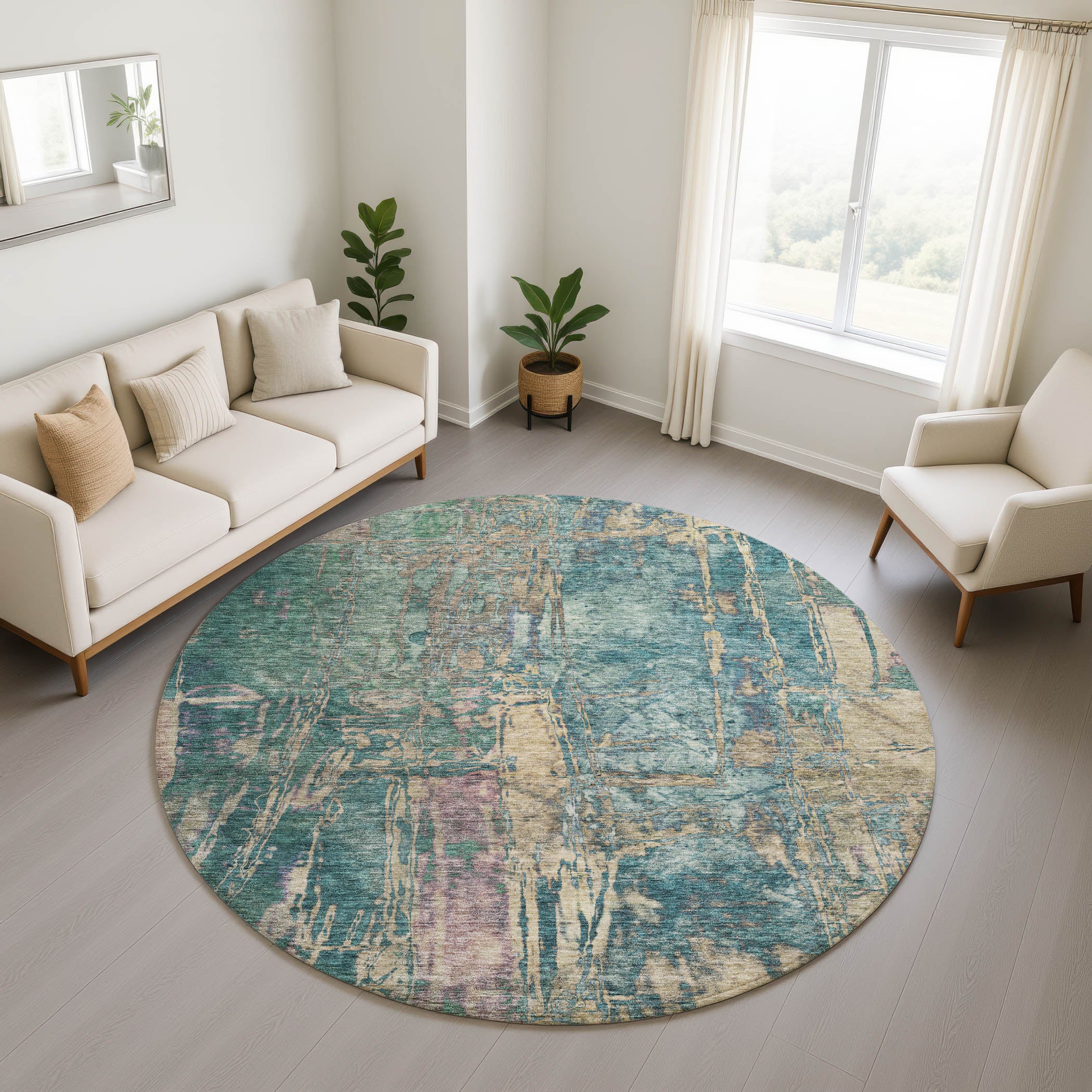 Siena Machine Washable Transitional Teal Rug 8' x 8' #shape_Round