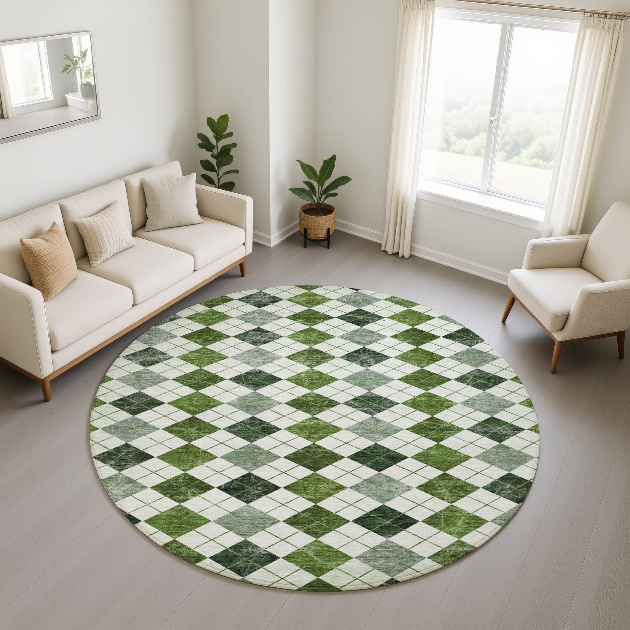 Marrakech Machine Washable Transitional Olive Green Rug 8' x 8' #shape_Round