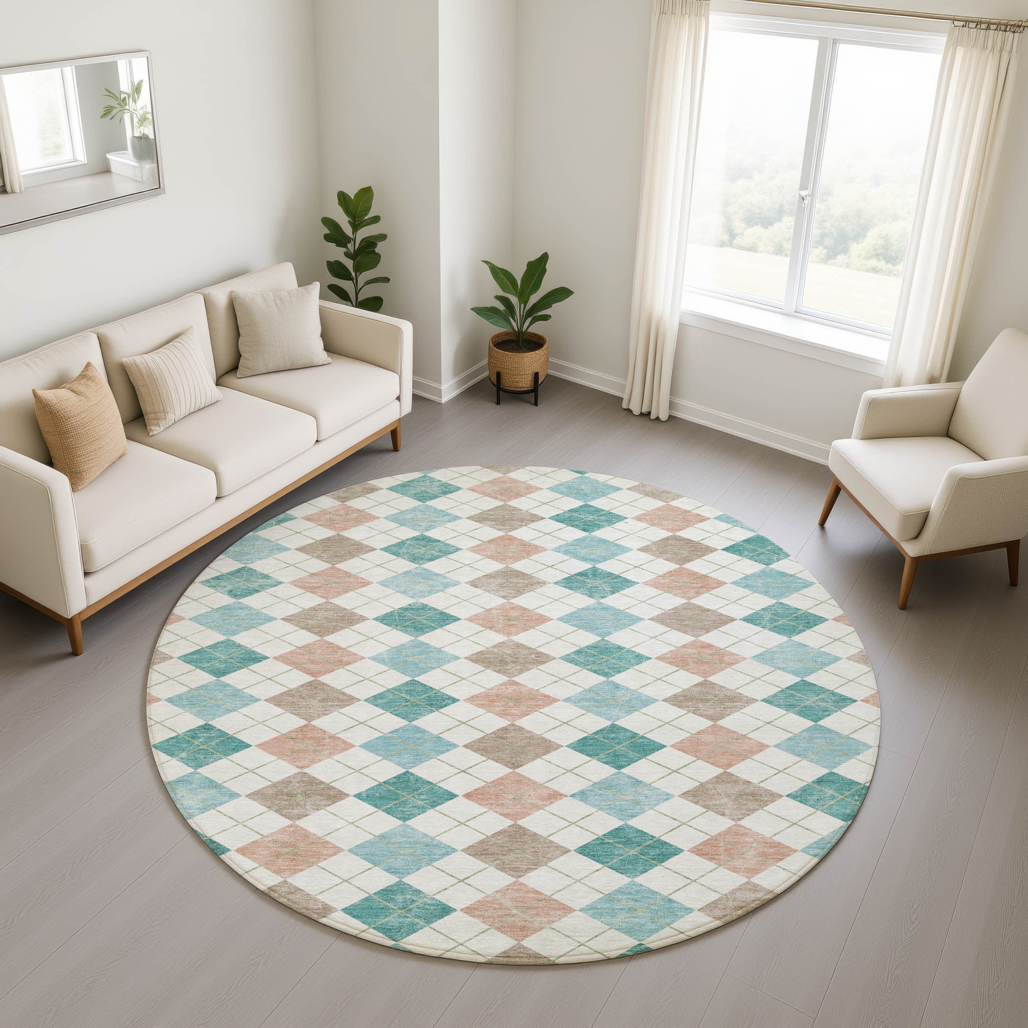 Antigua Machine Washable Transitional Aqua Teal Rug 8' x 8' #shape_Round