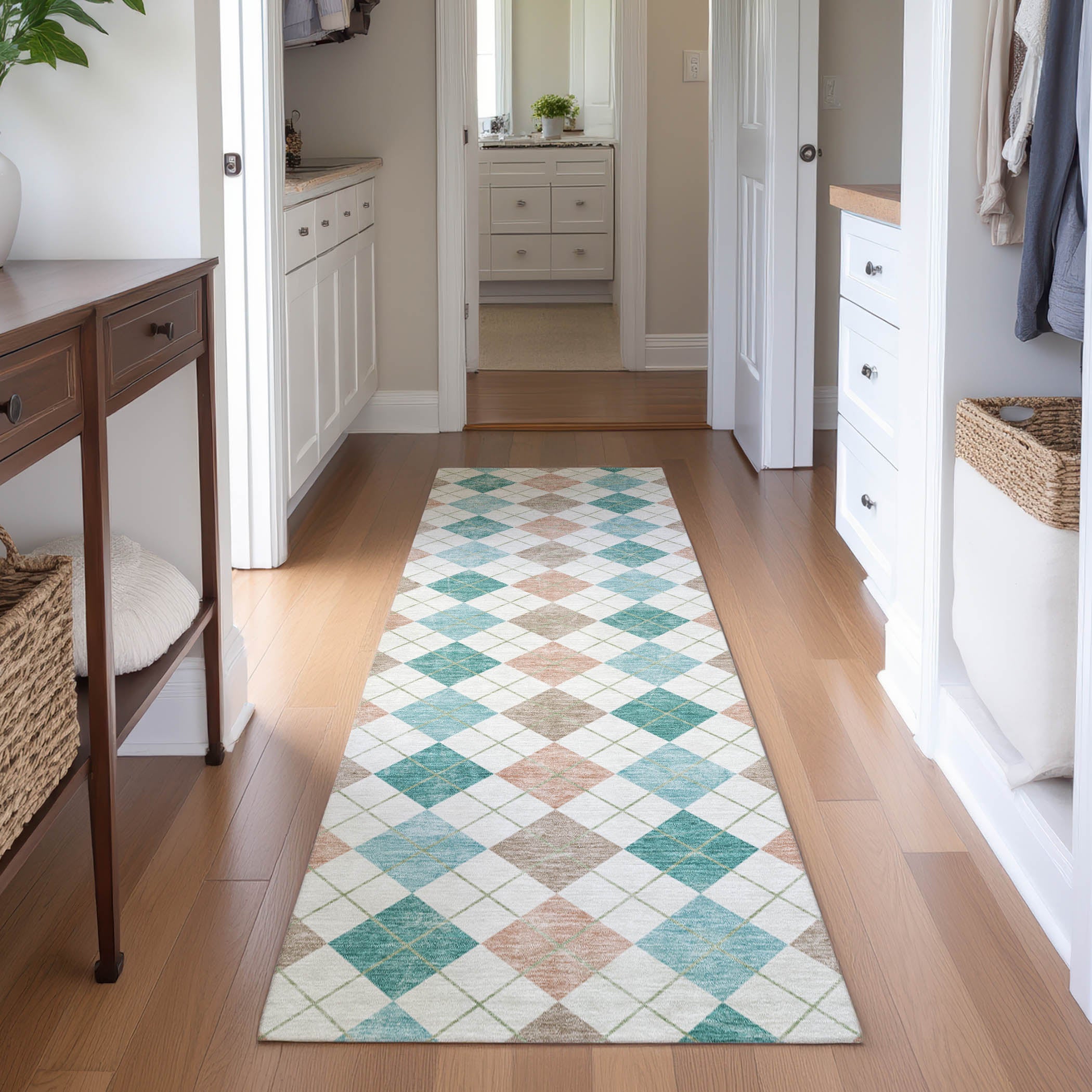 Antigua Machine Washable Transitional Aqua Teal Rug 2'3" x 7'6" #shape_Runner