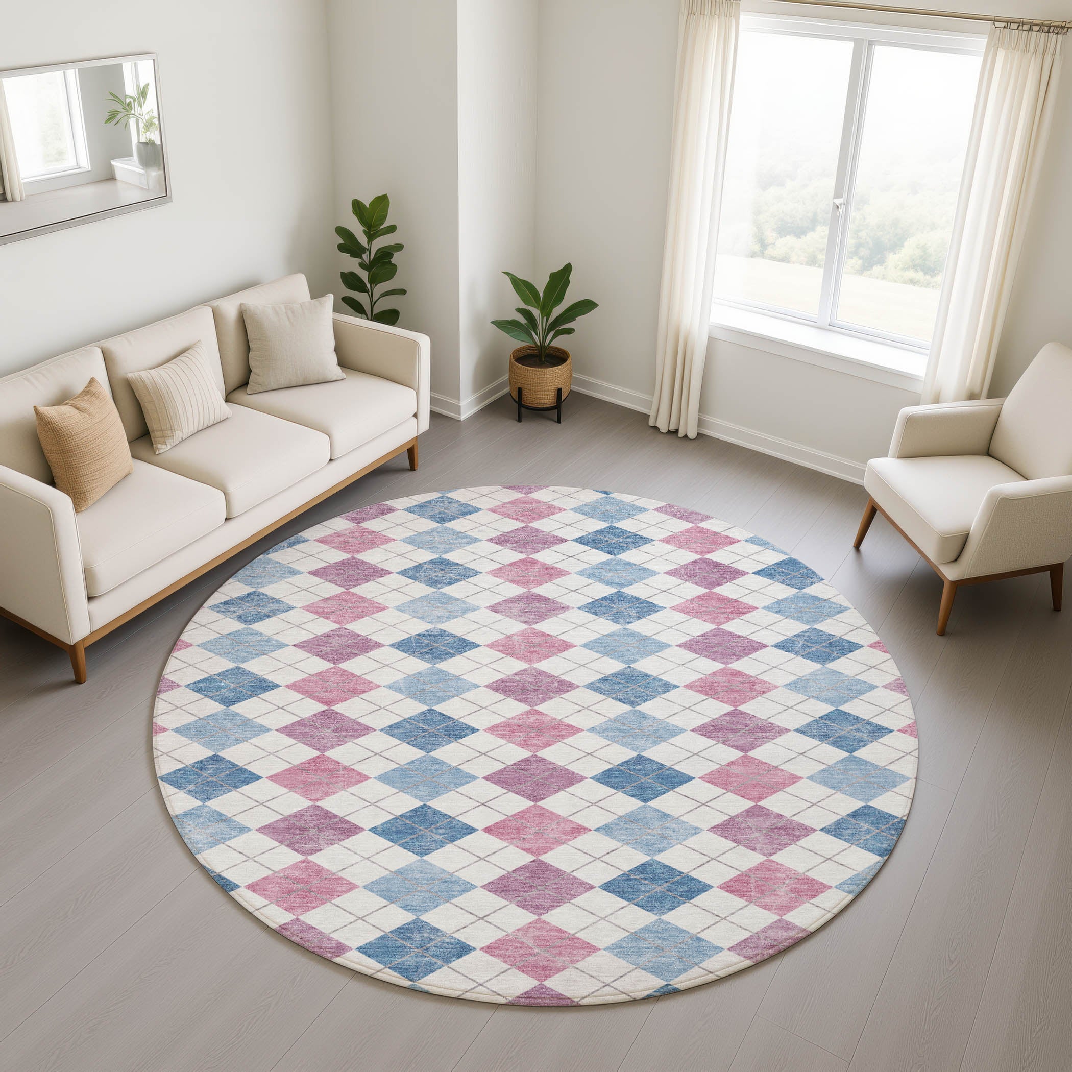 Antigua Machine Washable Transitional Blue Rug 8' x 8' #shape_Round