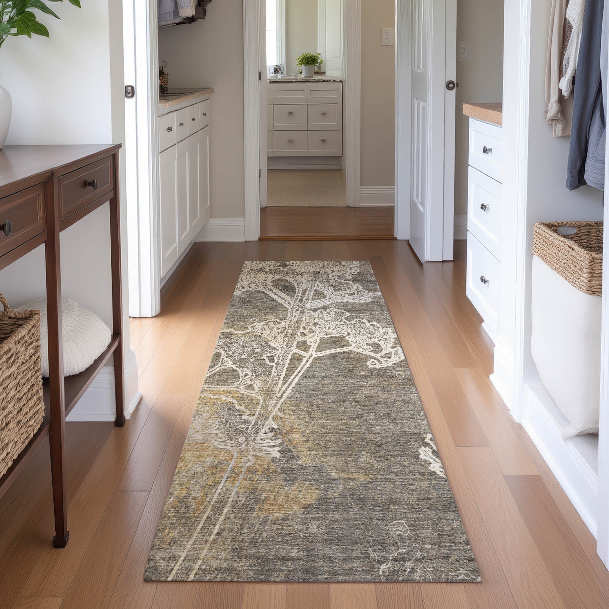 Salzburg Machine Washable Transitional Khaki Brown Rug 2'3" x 7'6" #shape_Runner